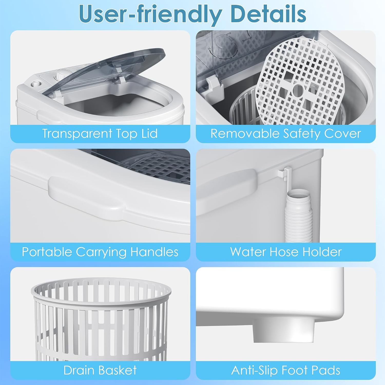 INTERGREAT Portable Washing Machine, 5.5 Lbs Mini Washer Machine Compact, 110V Single Tub Portable Laundry Washer Machine for Apartments, Dorms, Traveling, RV, Grey - Image 6