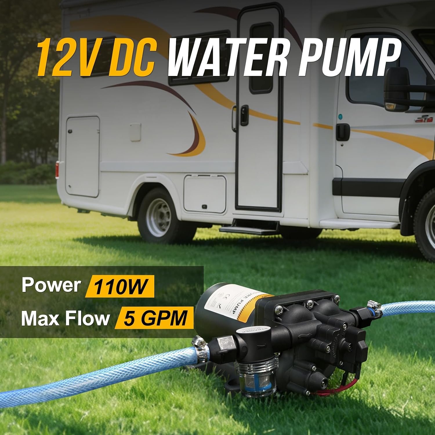 12V RV Water Pump, 5.0 GPM 55 PSI Diaphragm Pump, 12Volt Quiet Fresh Water Pump with Pressure Switch, Self Priming Pressure Pumps for RV Camper Boat Marine Food Truck - Image 2