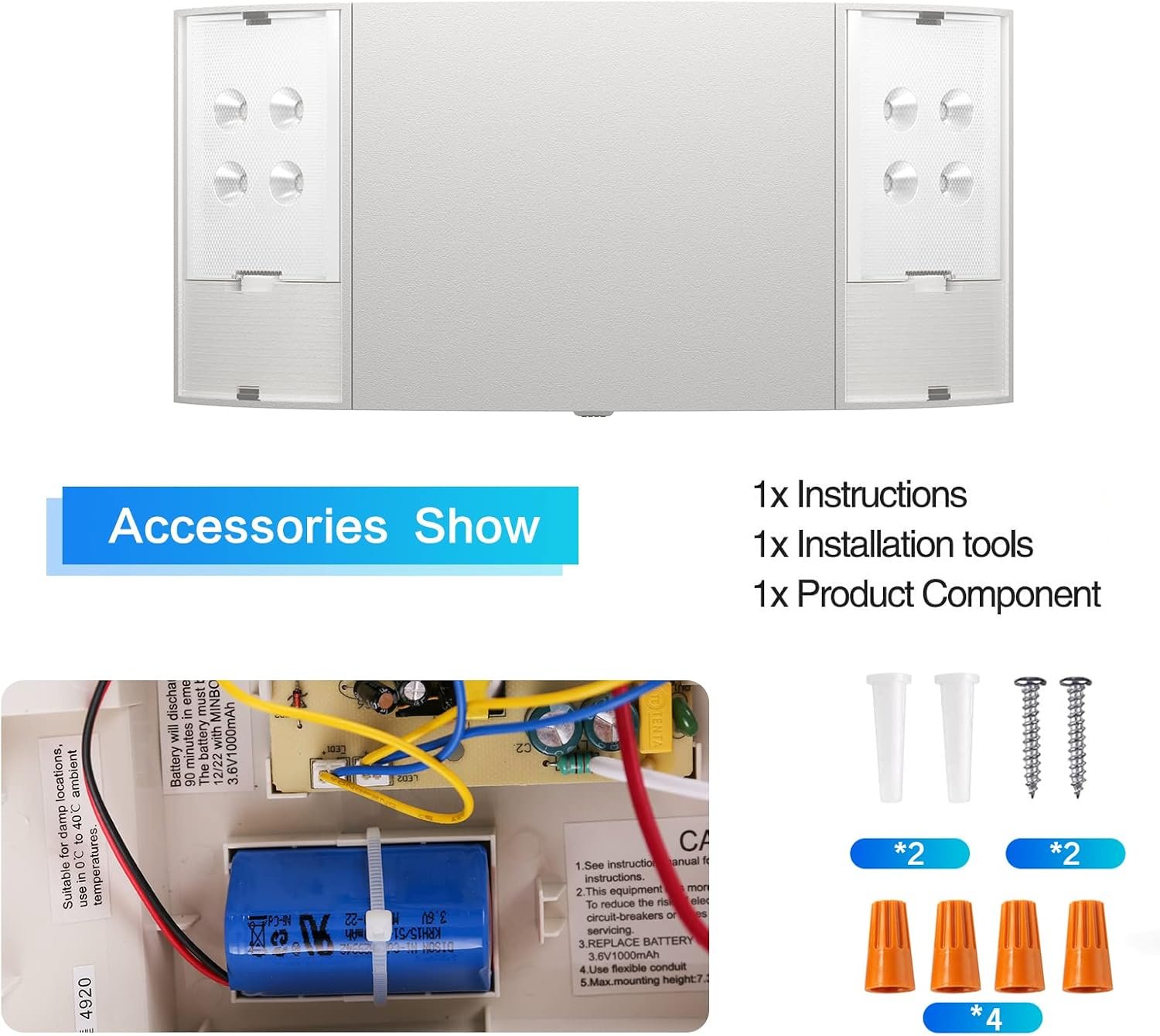 1 Pack Emergency Lights, Commercial Emergency LED Flood Lights for Power Outages, Backup Battery (180 Minutes), Wall Mount, Hard Wired, 120-277VAC, Fire Resistant-Exit Lighting Set. - Image 4