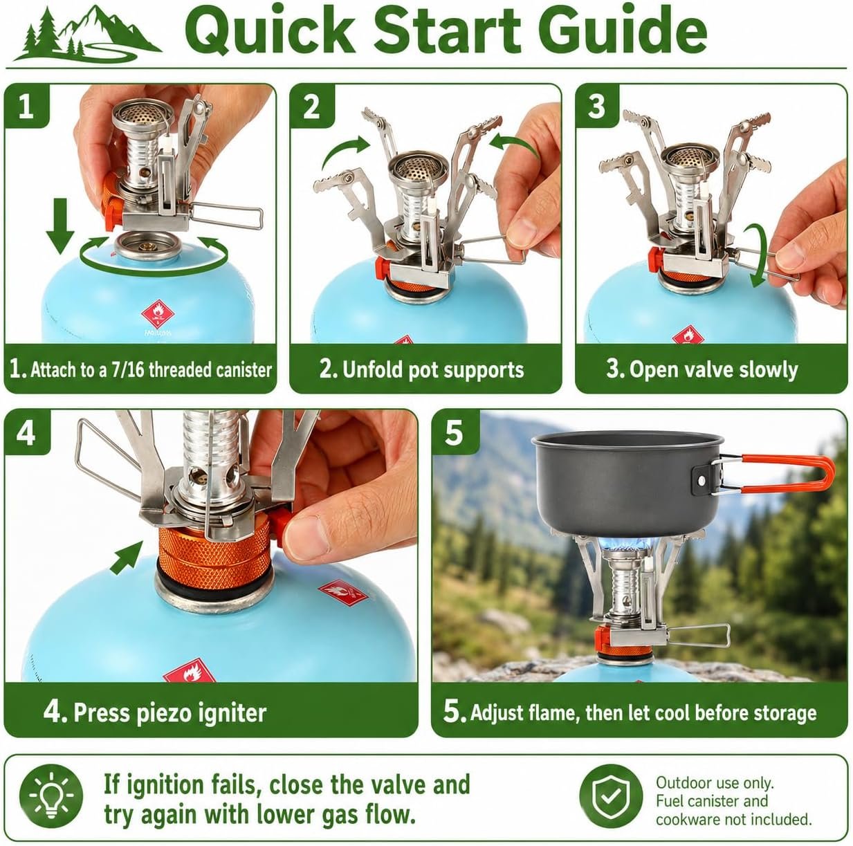 KUBQLIG Portable Camping Stove with Piezo Ignition, 3000W Mini Backpacking Gas Burner for 7/16 Threaded EN417 Fuel Canisters, Wind-Resistant Folding Camp Stove for Hiking Outdoor Cooking - Image 6