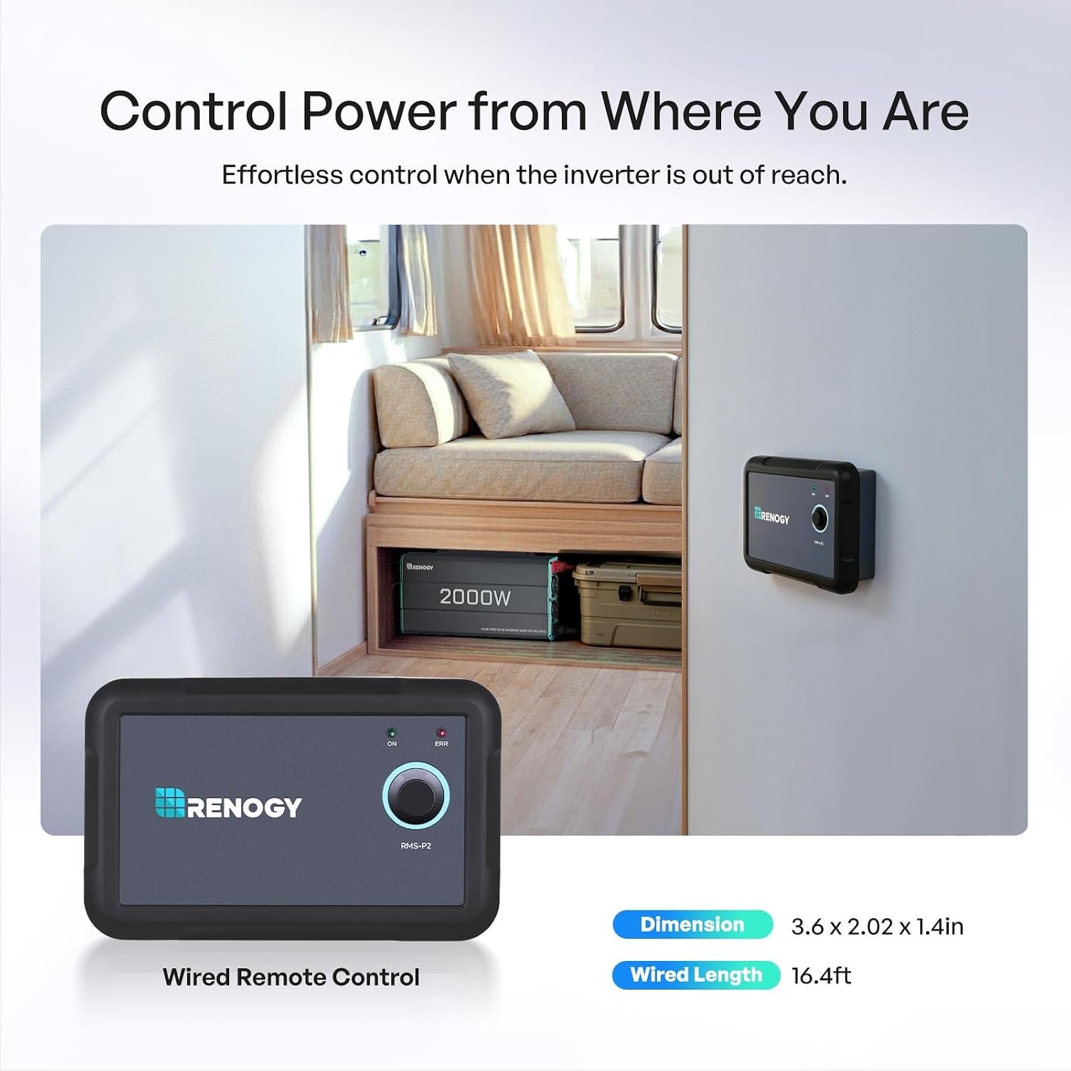 Renogy Inverter P2 2000W Pure Sine Wave Inverter 12V DC to 110V AC Converter, Off-Grid Solar Power Inverters for Vehicles, Truck, RV, Home, with Built-in 5V/2.1A USB/Hardwire Port, Remote Controller - Image 6