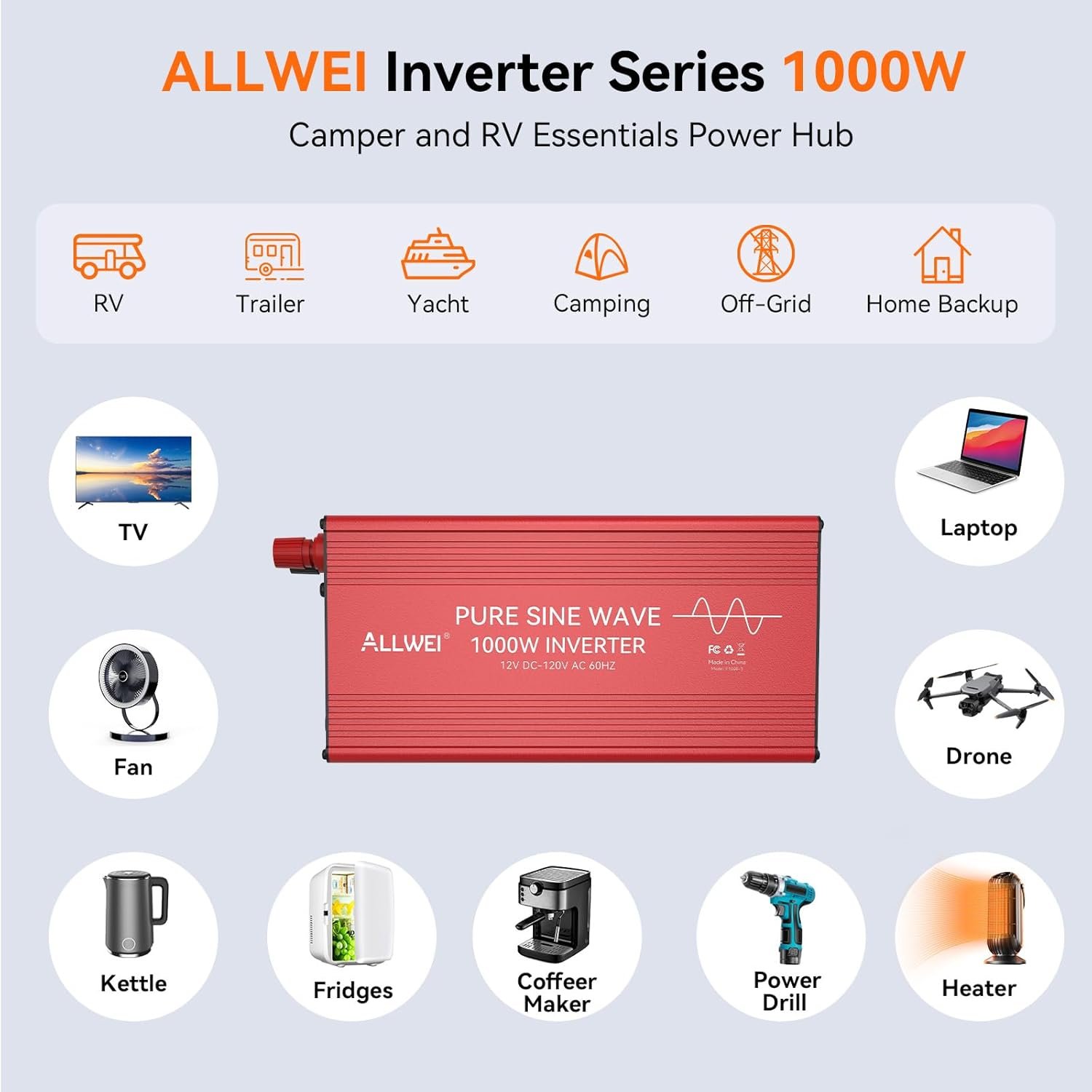 ALLWEI 1000W Pure Sine Wave Inverter, 12V DC to 120V AC Converter - Image 3