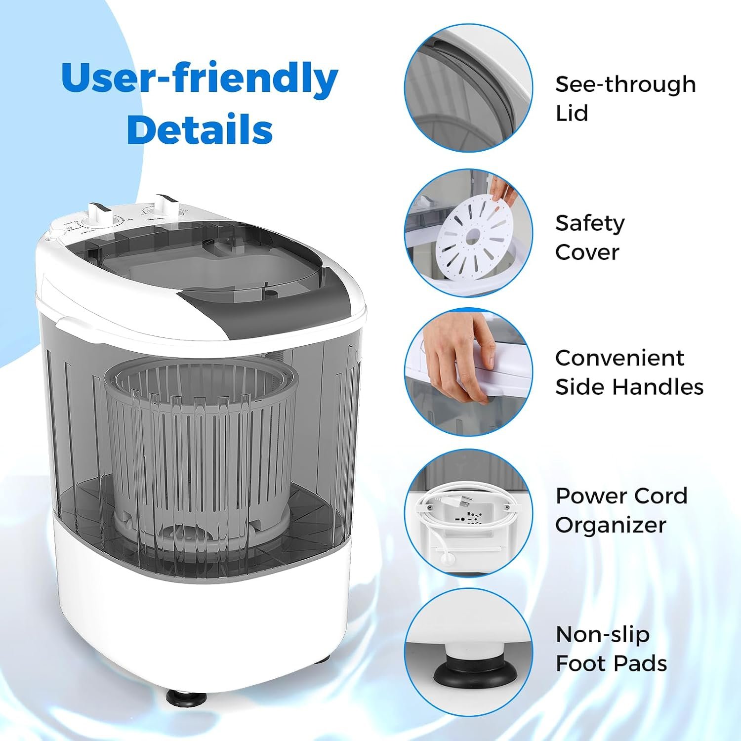COSTWAY Mini Portable Washing Machine, 5.5 lbs Capacity, Compact Laundry Washer with Spin Tub & Drain Hose, Perfect for Apartment Dorms RV Home (Grey) - Image 8