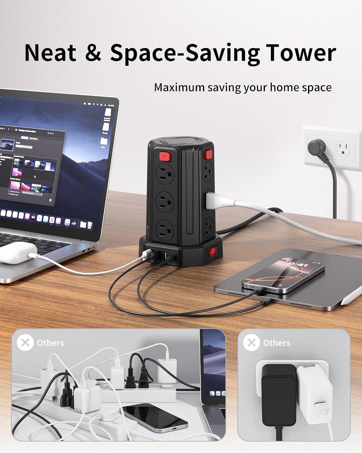 Power Strip 6.5 Ft Extension Cord with 12 AC Multiple Outlets 4 USB (1 USB C), SMALLRT Power Strip Tower Desktop Charging Station for Home Office College Dorm Essentials - Image 4
