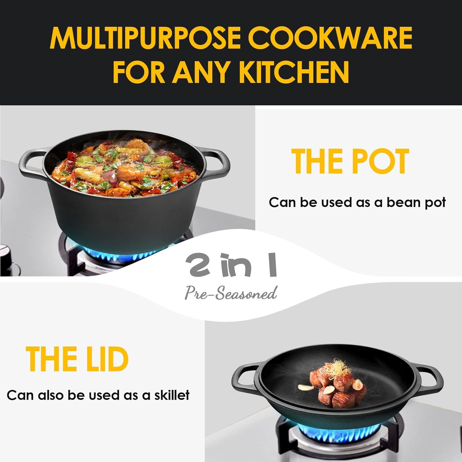 EDGING CASTING 2-in-1 Pre-Seasoned Cast Iron Dutch Oven Pot with Skillet Lid Cooking Pan, Cast Iron Skillet Cookware Pan Set with Dual Handles, Indoor Outdoor for Bread/Frying/Baking/Camping/BBQ, 5 Qt - Image 4