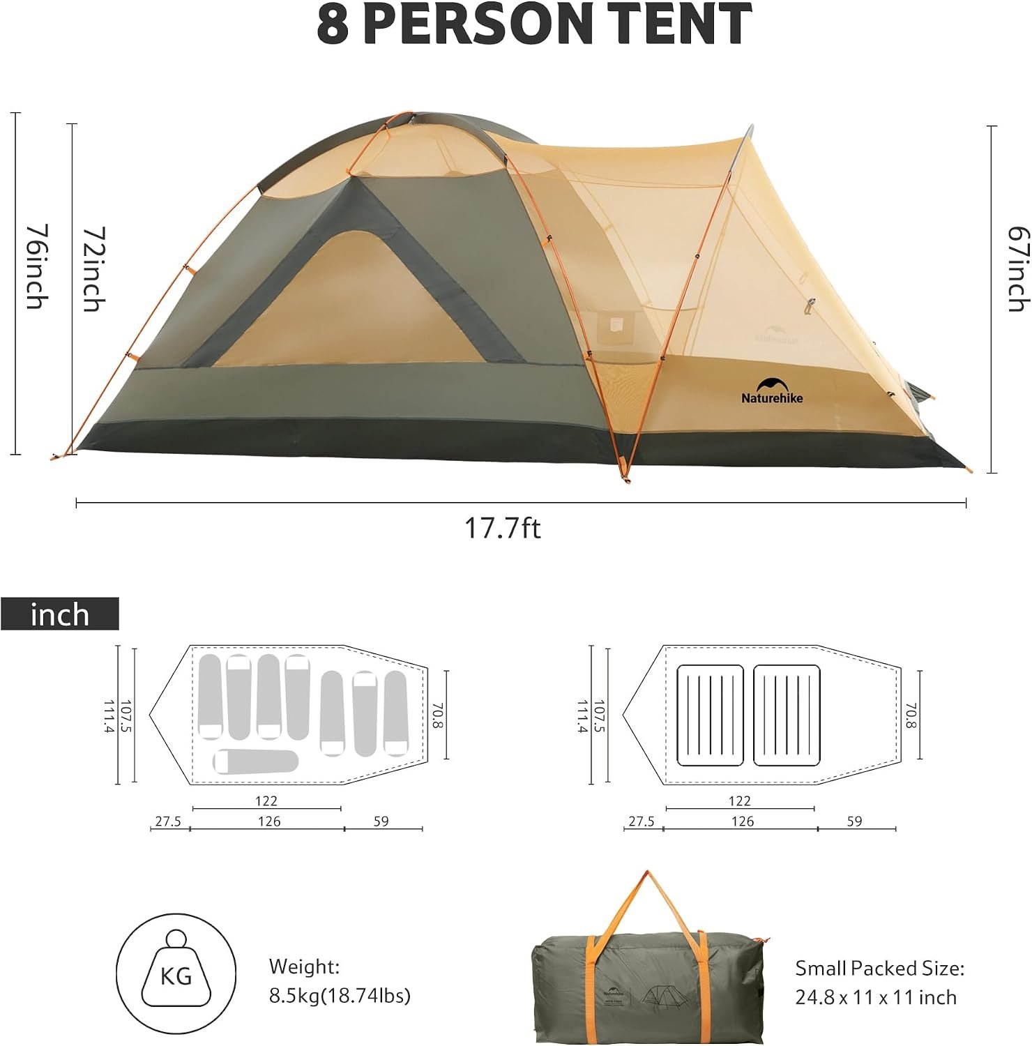 Naturehike KOTA 4/6/8 Person Camping Tent, Double Layer Waterproof 4 Person 6 Person 8 Person Tents for Camping, Large and Tall Family Tent with Vestibules Porch - Image 2