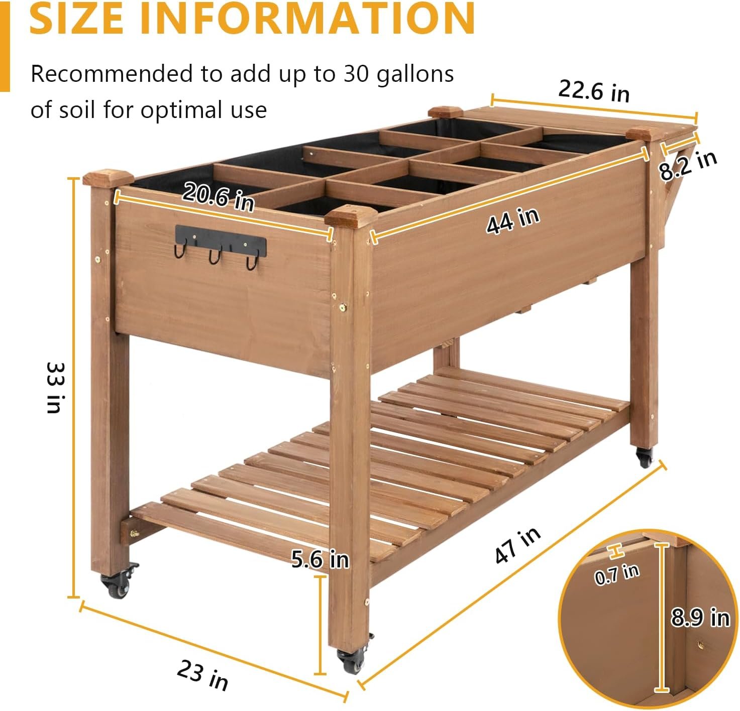 ketive Raised Garden Bed with Lockable Wheels Mobile Elevated Wood Planter,Storage Shelf, Protective Liner,55.5x24x32in (Brown) - Image 2