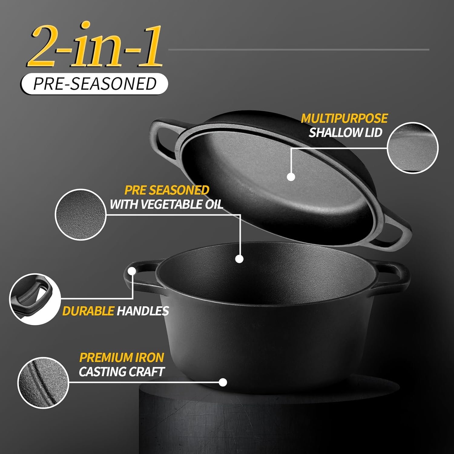 EDGING CASTING 2-in-1 Pre-Seasoned Cast Iron Dutch Oven Pot with Skillet Lid Cooking Pan, Cast Iron Skillet Cookware Pan Set with Dual Handles, Indoor Outdoor for Bread/Frying/Baking/Camping/BBQ, 5 Qt - Image 2