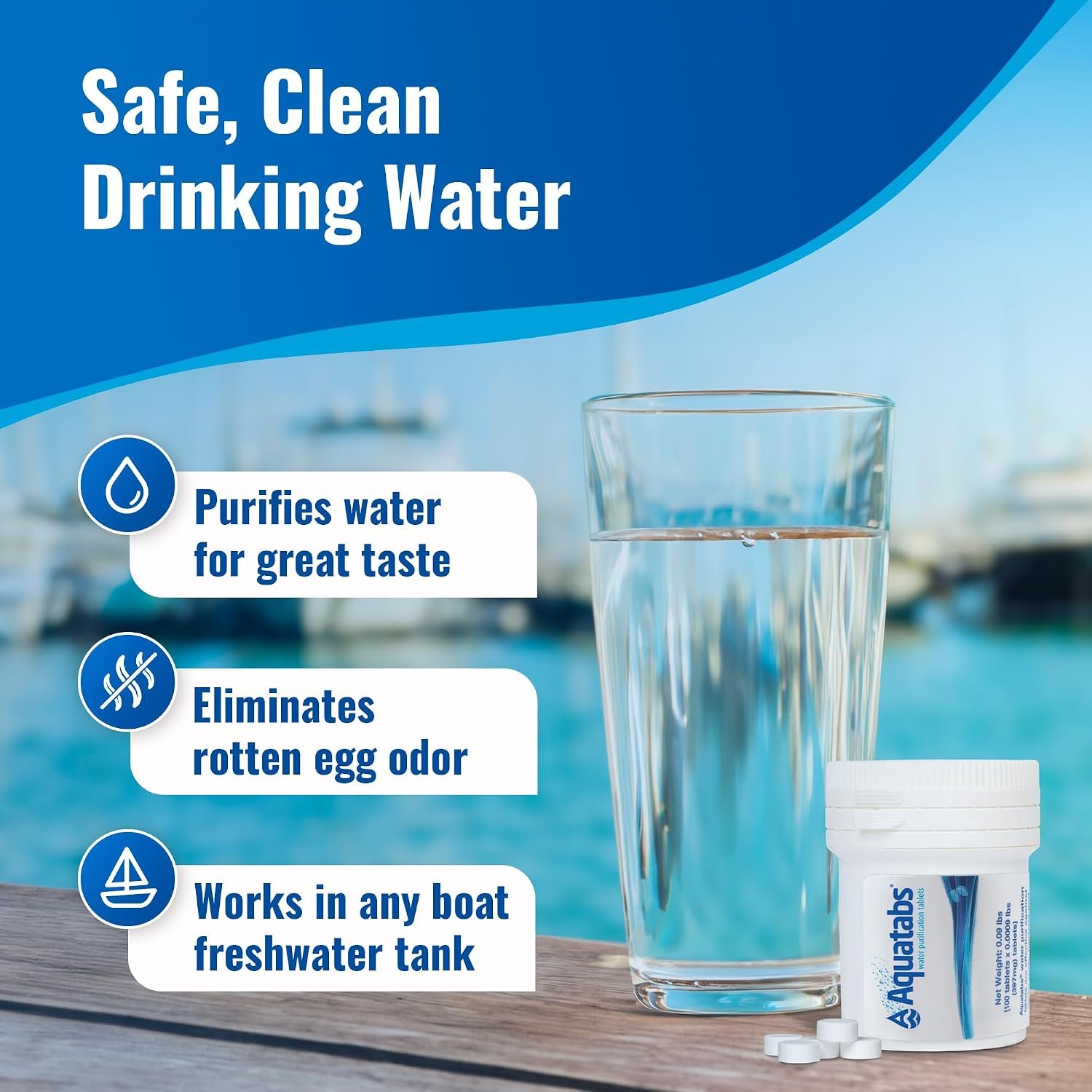 Aquatabs Water Purification Tablets for Drinking - 100 Tablets + 2 Chlorine Test Strips - Water Purifier Starter Kit - for Boat and RV Tanks - By Aquamarine Water Solutions - Image 2