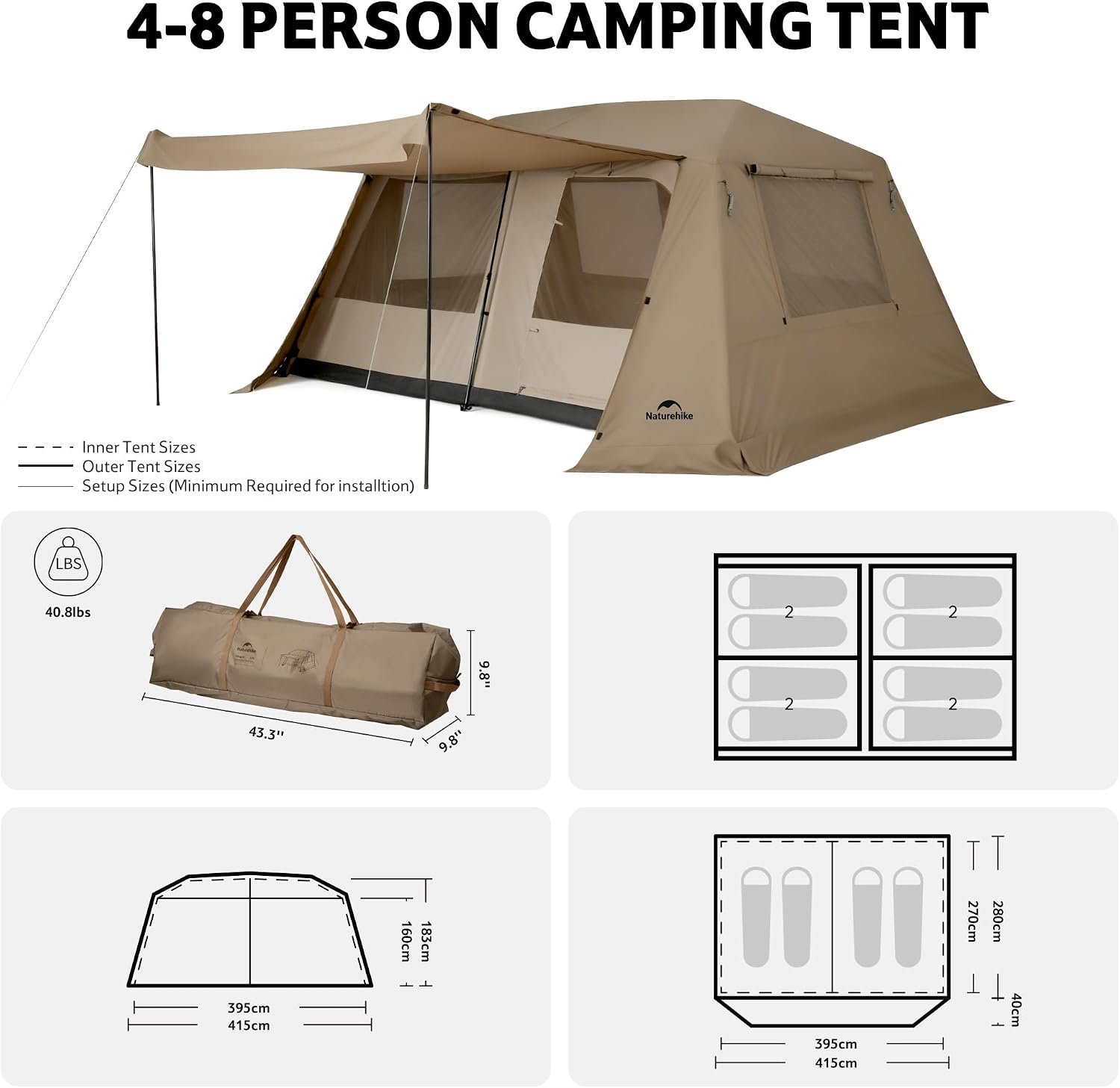 Naturehike Village Lite Camping Tent, 60S Easy Setup Instant Tents for Camping, Double Layer 4/8 Person Tent with with Full Rainfly - Image 2