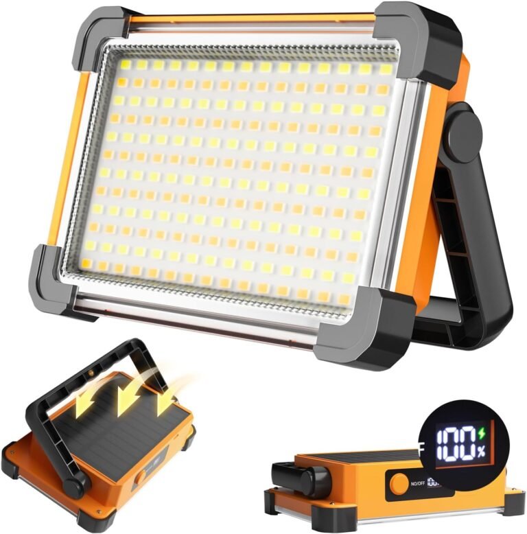 150W Solar Rechargeable Work Light, 180 LED 10000LM Portable Flood Light, IP65 Waterproof 3 Modes, with Stand, for Job Site Home Repair Camping Fishing Garage Workshop Emergency