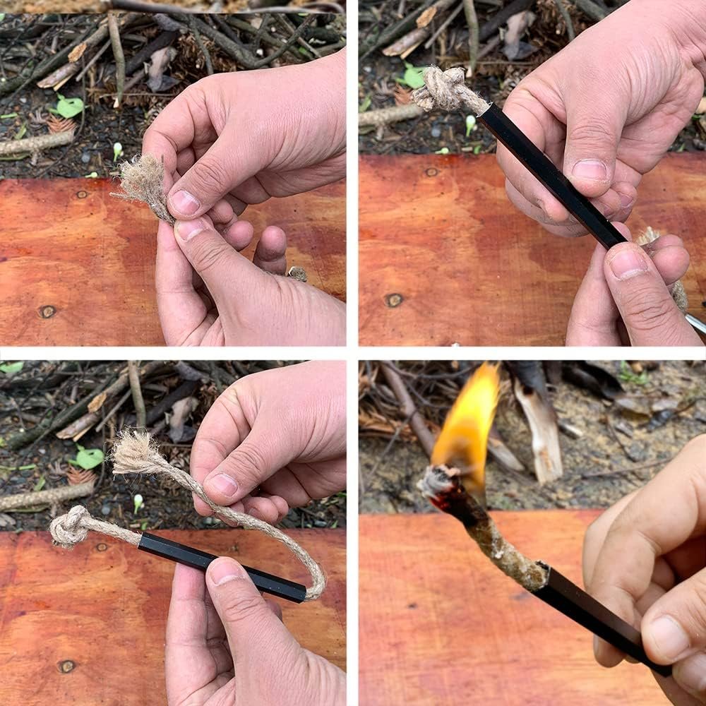 Fire Starter Survival Kit, Larger Ferro Rod with Striker Lanyard 3in Long Flint and Steel, 13.8in Wick Hemp Cord, Multifunctional Bag - Image 4