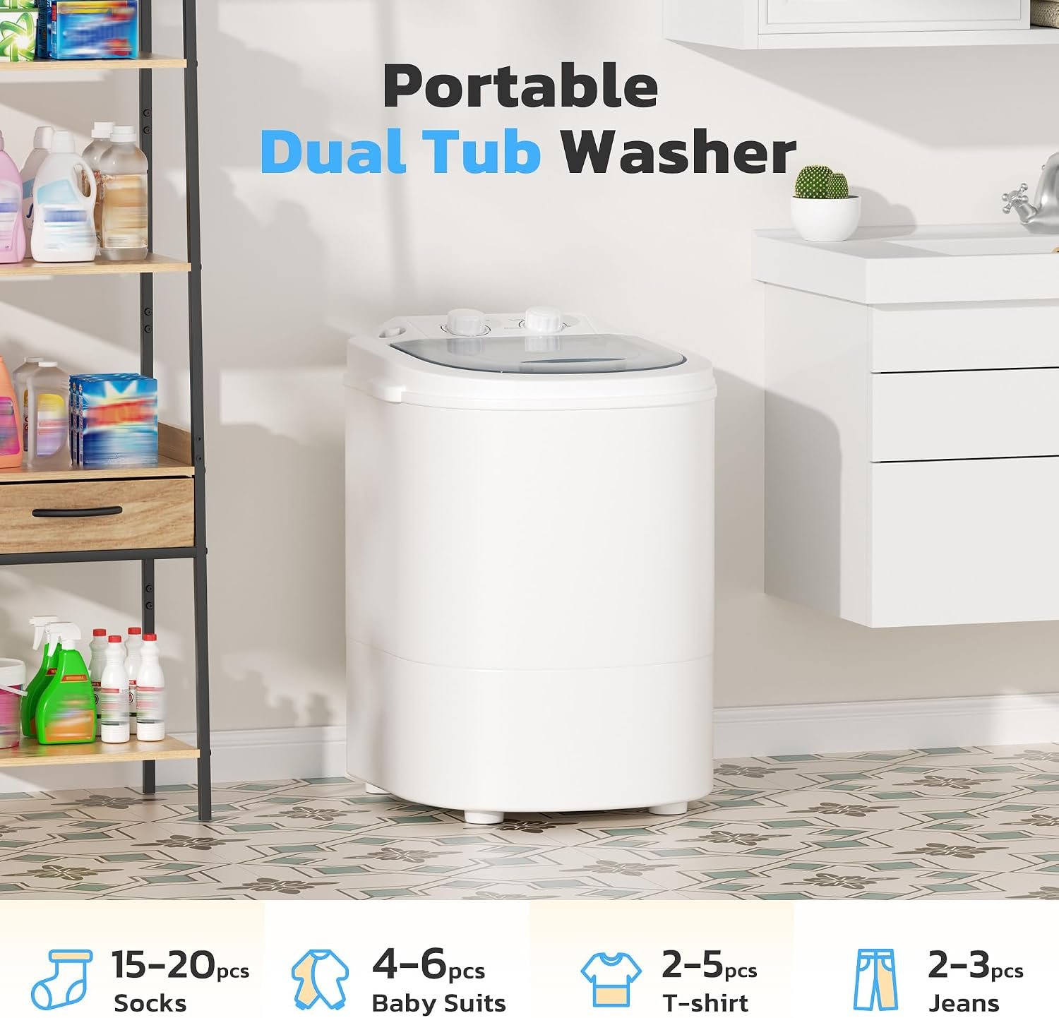 Greenvelly Portable Washing Machine, 6.6lbs Single Tub Small Laundry Washer with Spin Basket, Portable Washer Spinner Combo for Apartments,Dorms (White Grey) - Image 3
