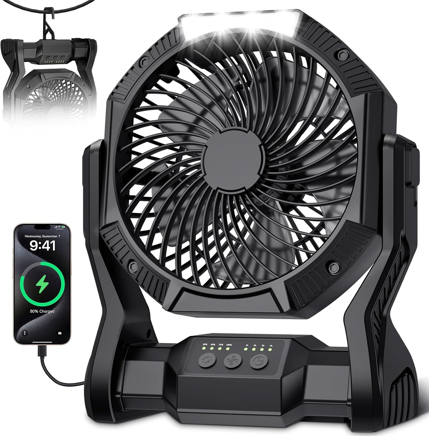 Portable Rechargeable Fan, 20000mAh Battery Powered Camping Fan with LED Light & Hook, 270° Adjustable, 4-Speed, 4H Timer Camping Essentials for Outdoor Tent Travel BBQ Car, Gifts for Men Dad - Image 2