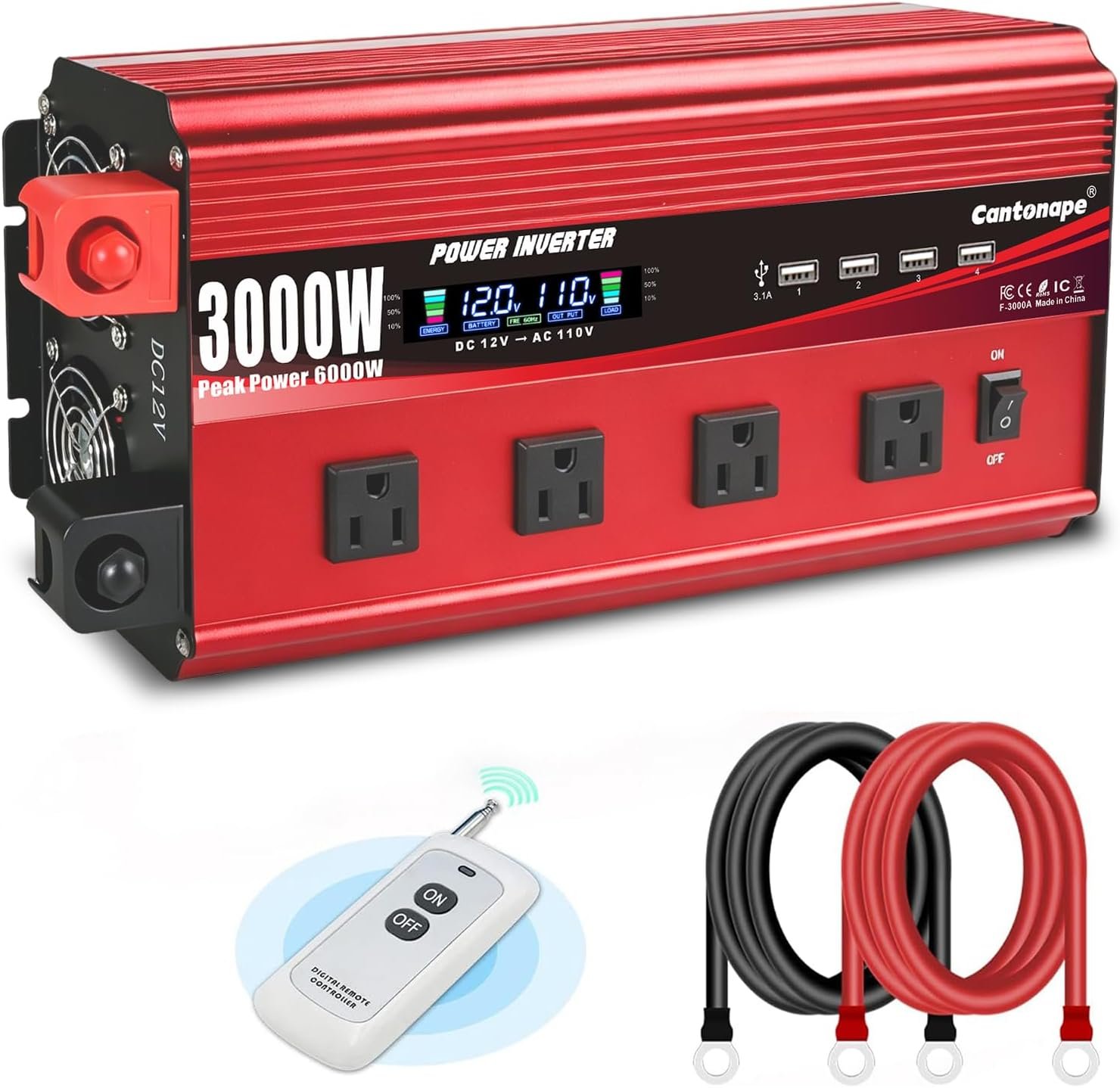 Cantonape 3000W Power Inverter 12V to 110V/120V DC to AC with LCD Display