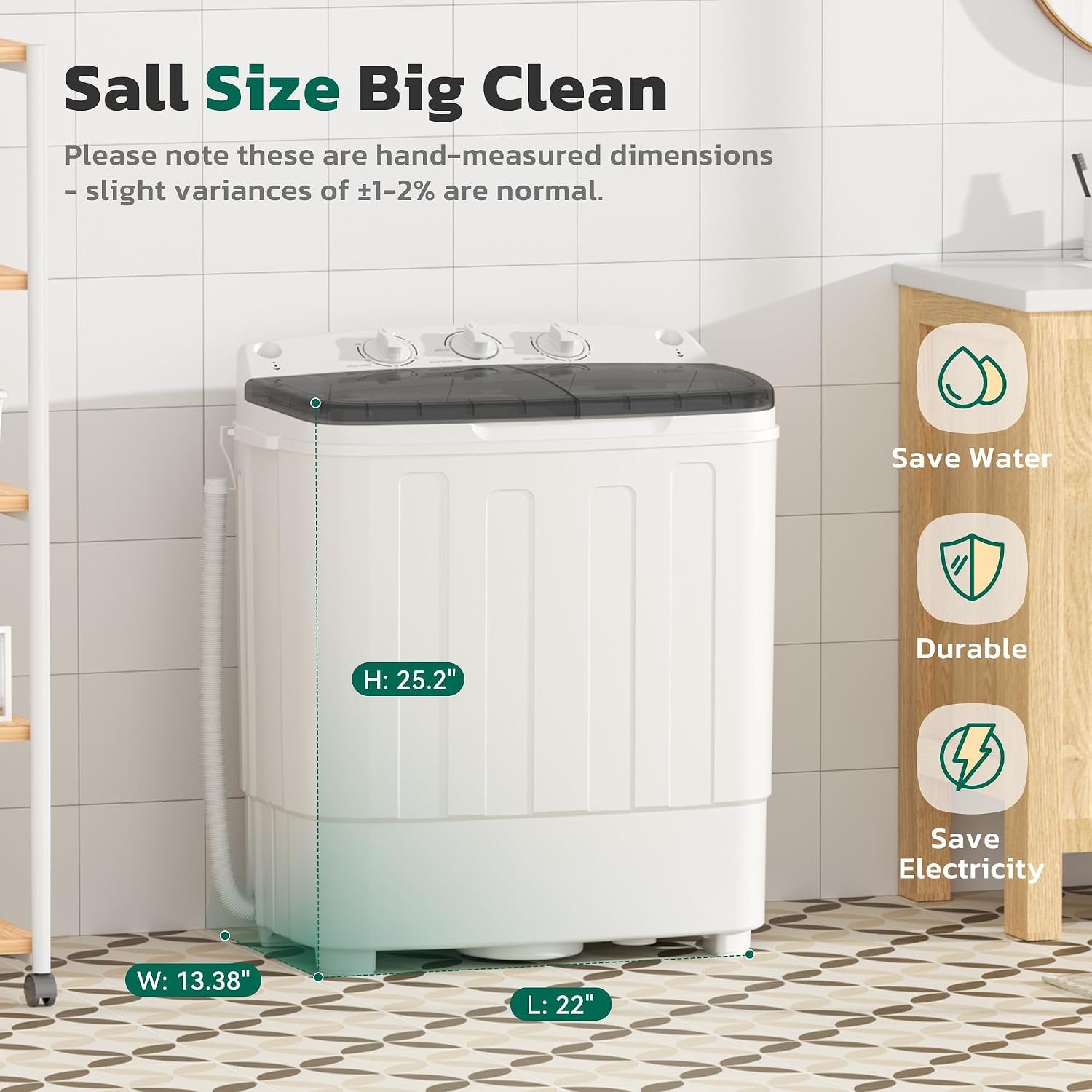 Greenvelly Portable Washing Machine, 25lbs Twin Tub Washer and Spinner Combo, Semi‑Automatic 14.3lbs Wash & 11lbs Spin Mini Compact Laundry Machine for Dorms, Apartments, RVs, Camping (White & Grey) - Image 6