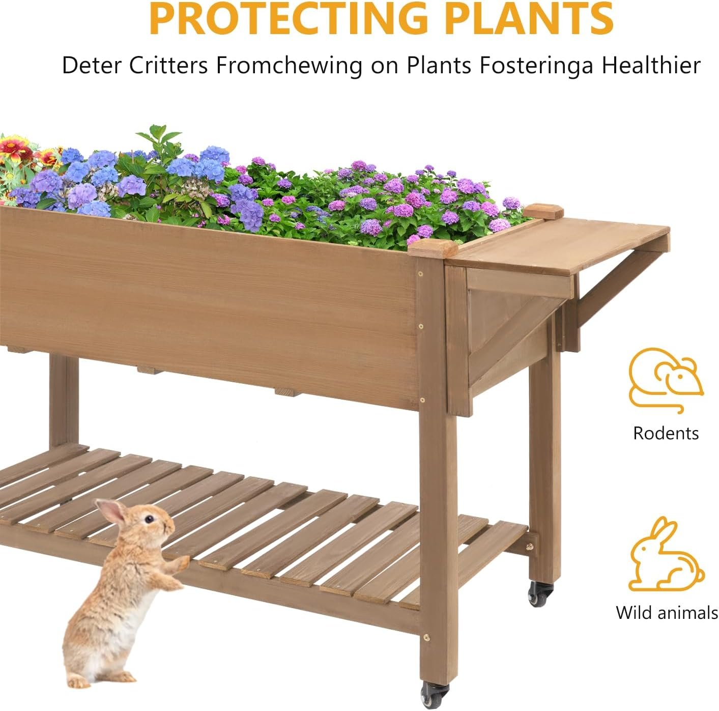 ketive Raised Garden Bed with Lockable Wheels Mobile Elevated Wood Planter,Storage Shelf, Protective Liner,55.5x24x32in (Brown) - Image 7