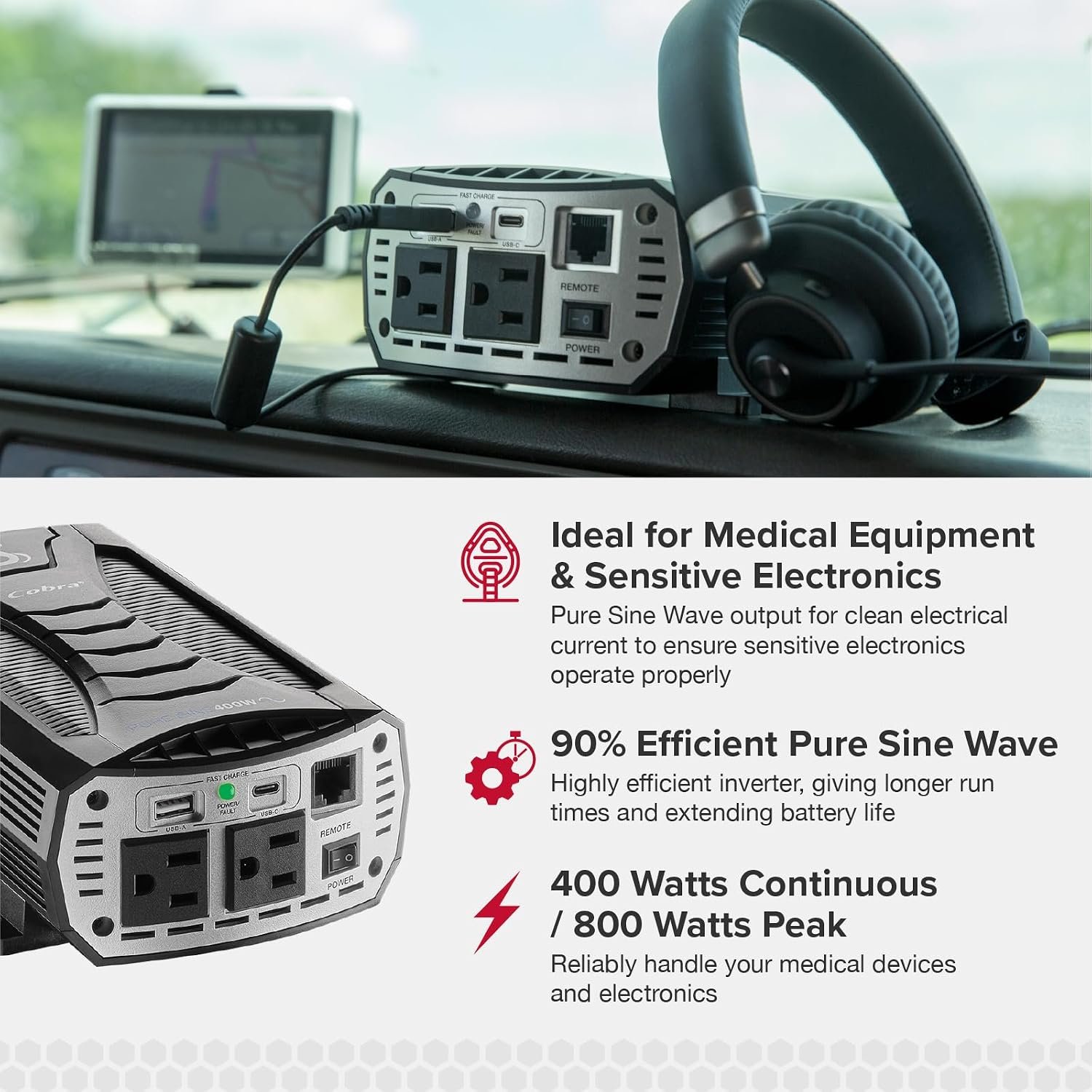 Cobra PURE SINE 400W Power Inverter, Portable, 400 Watt Car Charger - Image 3