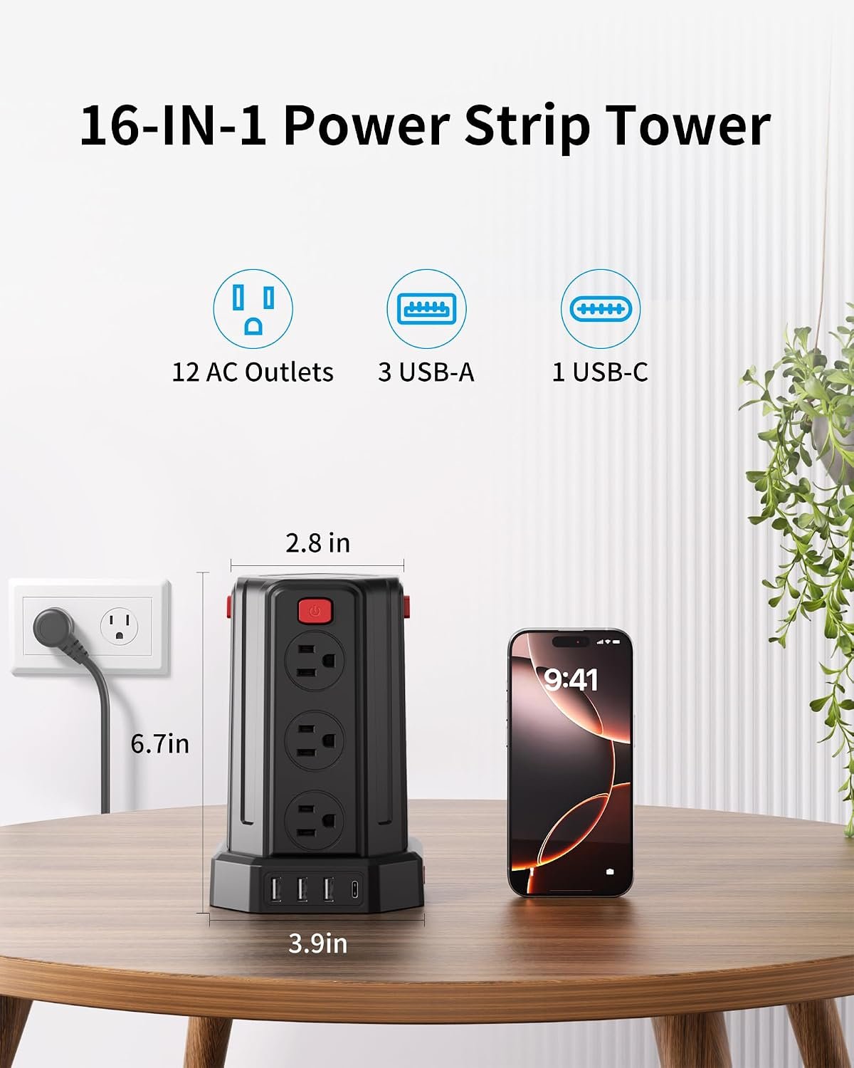 Power Strip 6.5 Ft Extension Cord with 12 AC Multiple Outlets 4 USB (1 USB C), SMALLRT Power Strip Tower Desktop Charging Station for Home Office College Dorm Essentials - Image 2