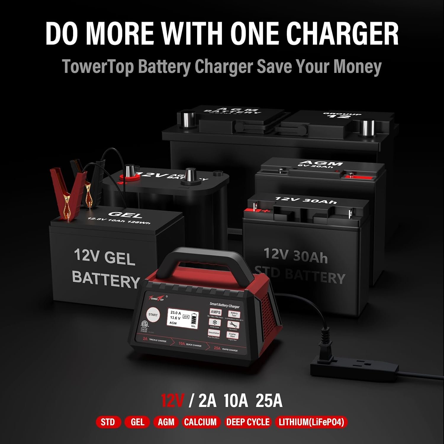 TowerTop 2/10/25 Amp 12V Smart Car Battery Charger, Fully Automatic Battery Maintainer with Engine Start, Auto Desulfator, Battery Repair, Winter Mode, for AGM, STD, Gel, Deep Cycle Batteries - Image 6