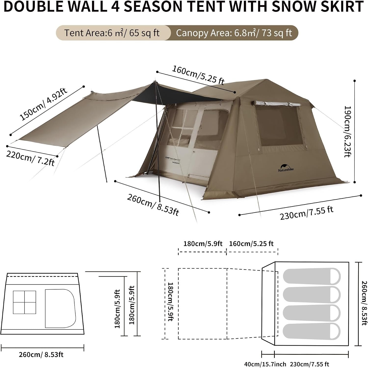 Naturehike Village Instant Tent, 4 Person 8 Person Camping Tent with Full Rainfly, Waterproof Large Cabin Tents for Car Camping - Image 2
