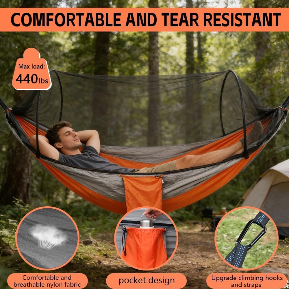 Camping Hammock with Mosquito Net - Double & Single Portable Hammocks with 2 Tree Straps, Lightweight Hammock Tent for Outdoor Camping, Hiking, Backpacking, Beach & Backyard (Orange) - Image 5