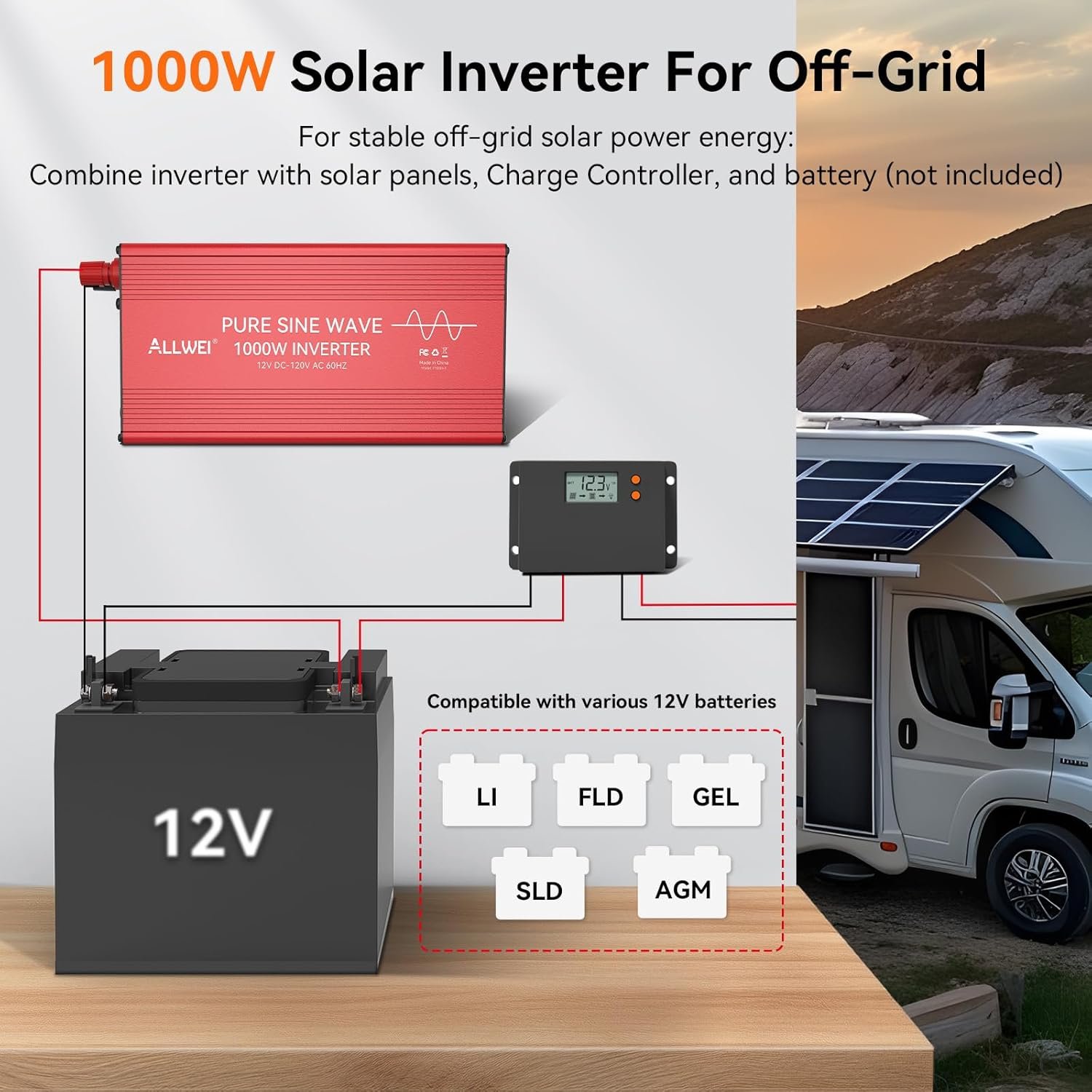 ALLWEI 1000W Pure Sine Wave Inverter, 12V DC to 120V AC Converter - Image 4