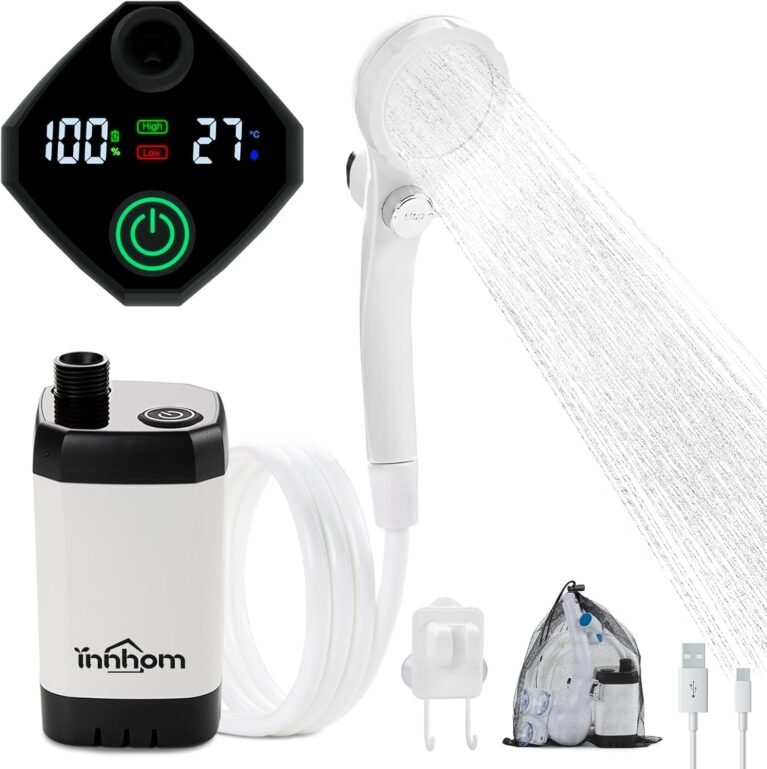 innhom Portable Camping Shower, 6000mAh Rechargeable Camp Shower Pump with LED Display, IPX7 Waterproof & 2 Spray Modes Electric Outdoor Shower for Hiking, Pet Bathing, Car Washing
