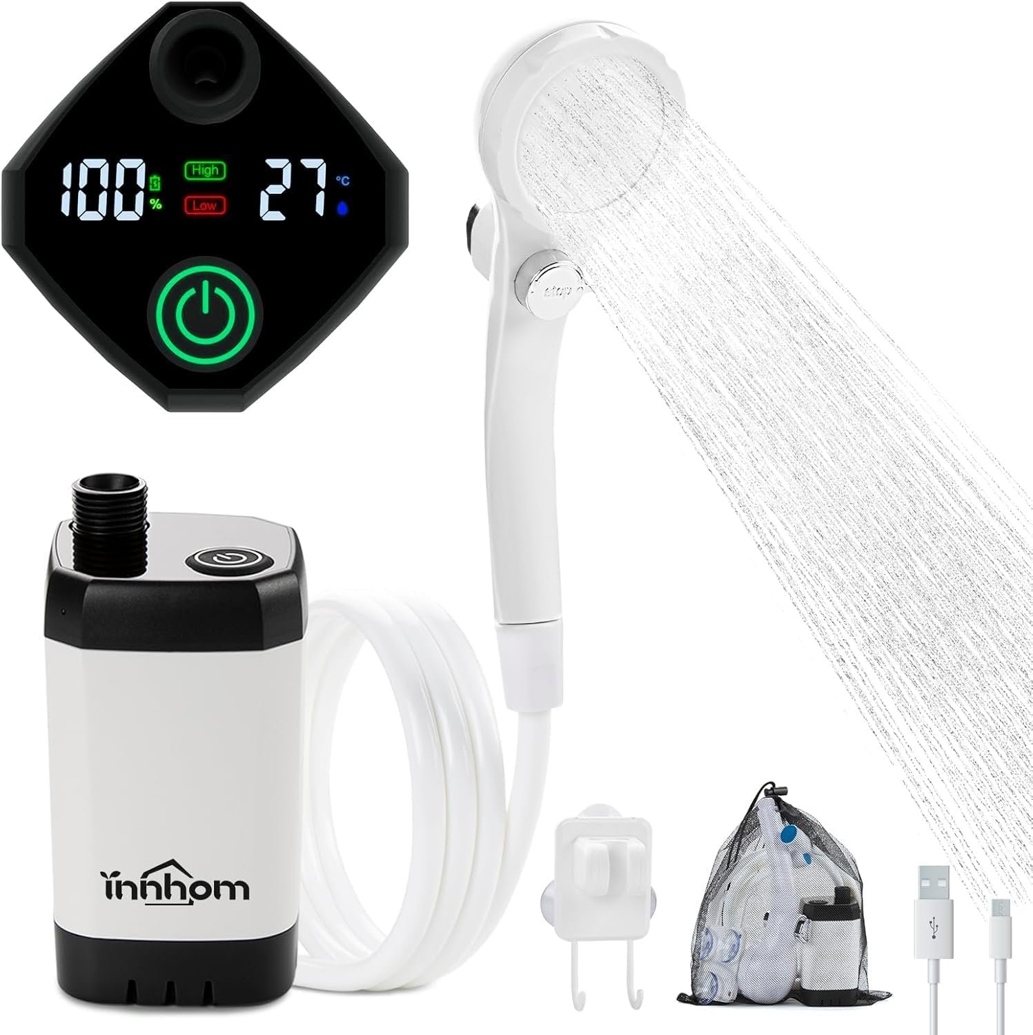 innhom Portable Camping Shower, 6000mAh Rechargeable Camp Shower Pump with LED Display, IPX7 Waterproof & 2 Spray Modes Electric Outdoor Shower for Hiking, Pet Bathing, Car Washing