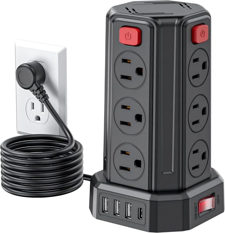 Power Strip 6.5 Ft Extension Cord with 12 AC Multiple Outlets 4 USB (1 USB C), SMALLRT Power Strip Tower Desktop Charging Station for Home Office College Dorm Essentials