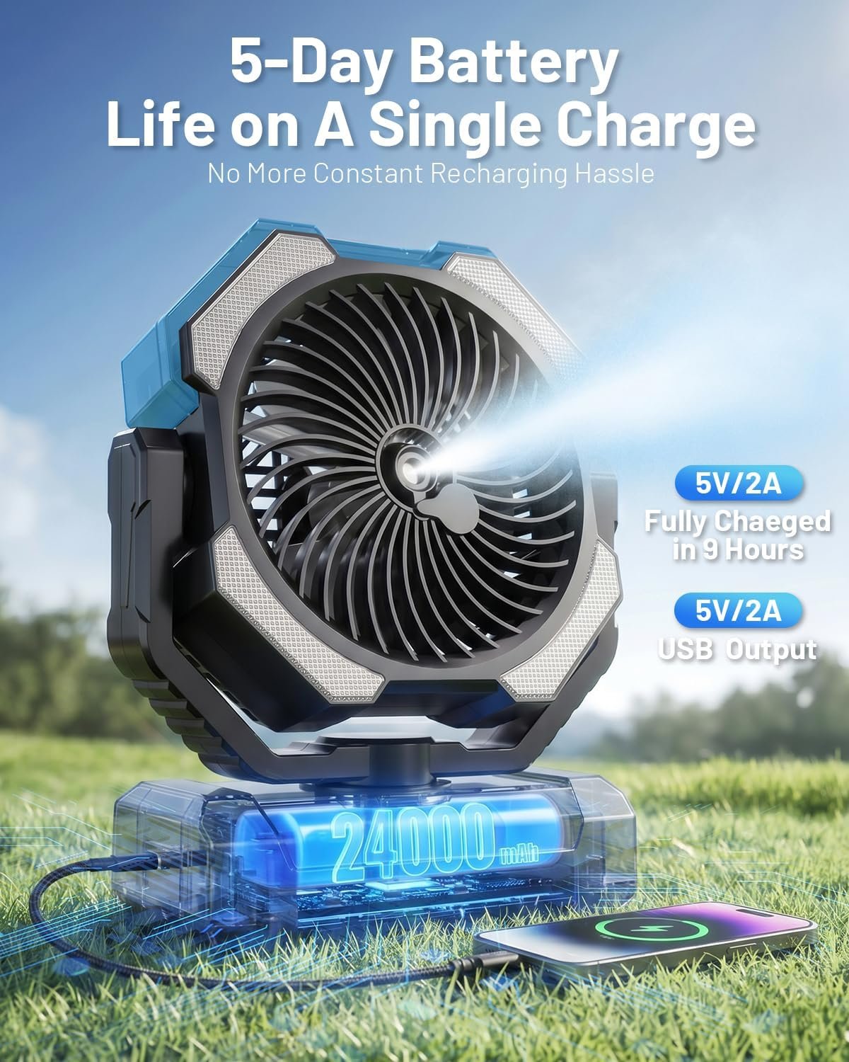 Misting Fan, Portable Camping Fans with 9oz Water Tank, 24000mAh Rechargeable Fan with 4 Speed, Battery Powered Fans with 120H Cooling, Last 5H Mist, 2 Mist Modes, Light, Outsides/Summer Essential - Image 3