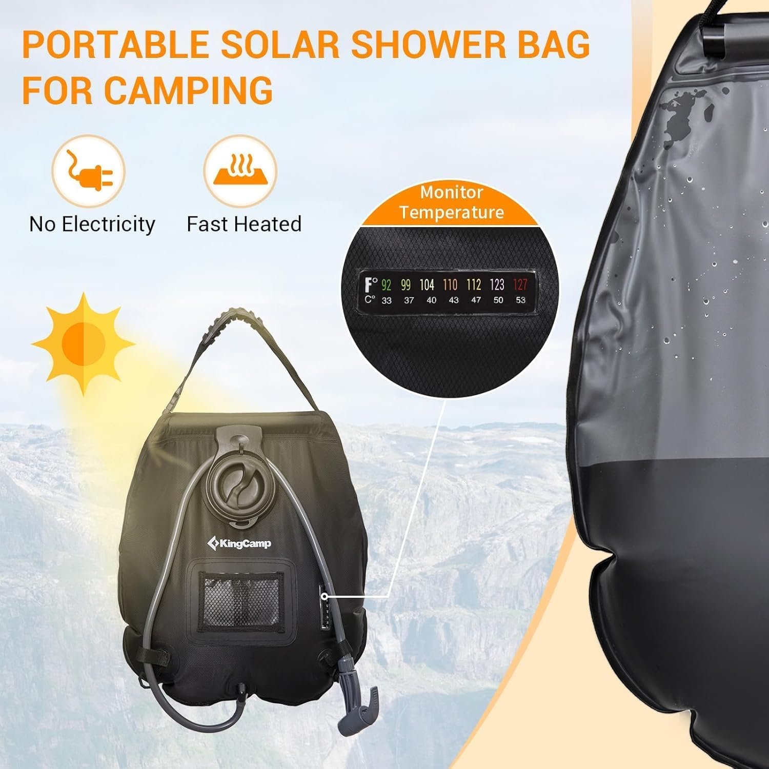 KingCamp Solar Shower Bag, Leak-Proof Design Camping Bag with Thermometer, Removable Hose & Switchable Shower Head, 5 gallon/20L - Image 3