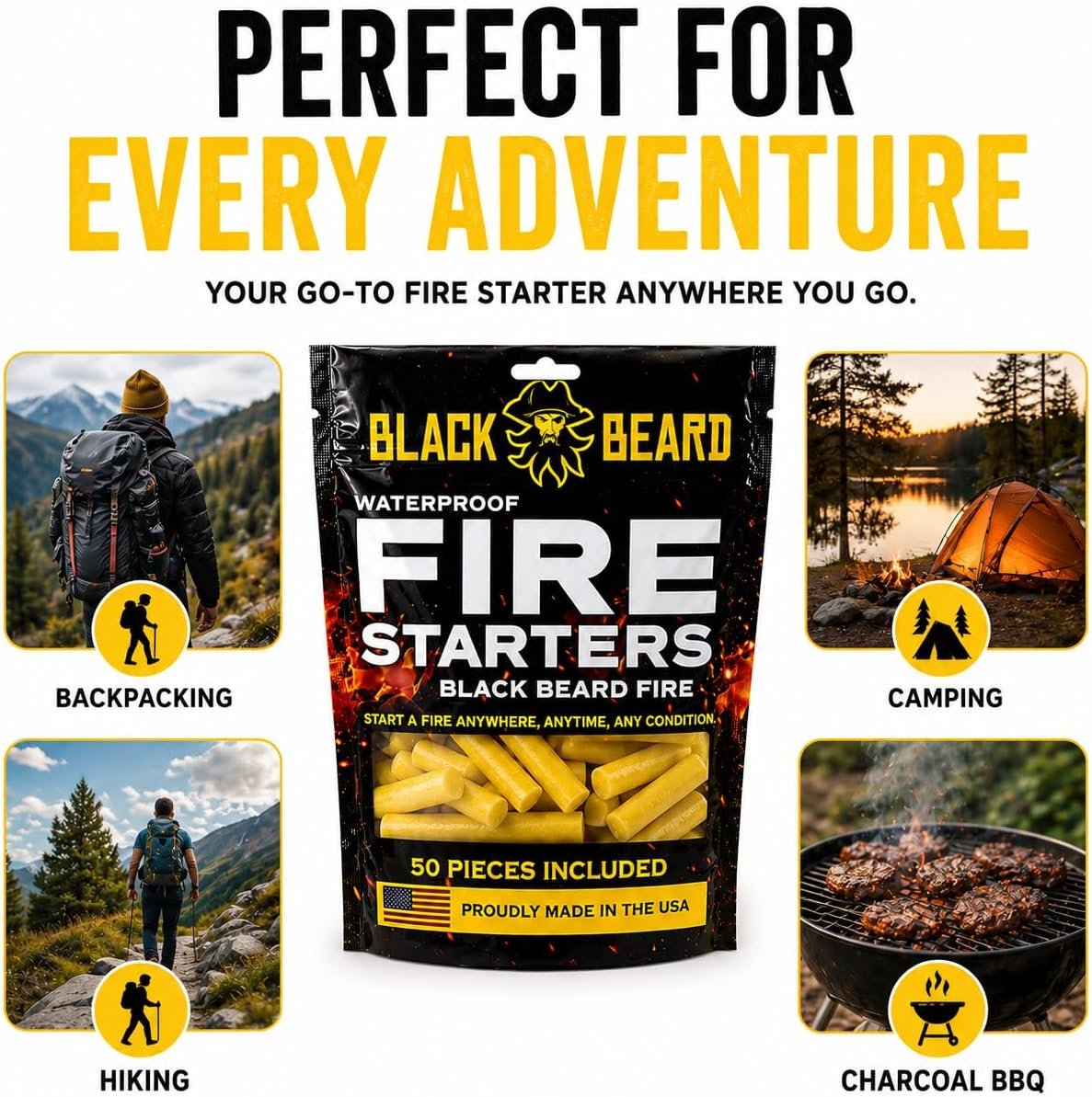Black Beard Fire Plugs (50 Plugs) | 100% Weatherproof Fire Starter for Campfires | Can Light 50+ Fires | Extra Long Burn Time | 30 Yr Shelf Life for Emergency Survival Kits | Made in USA, Yellow - Image 3