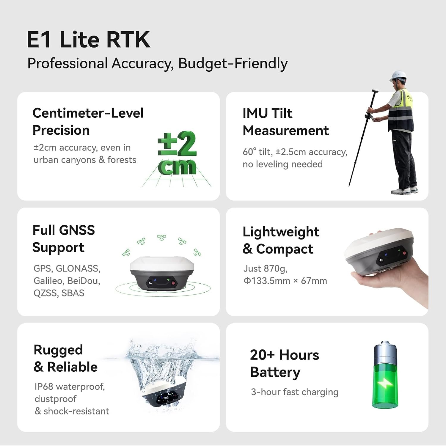E1 Lite GNSS RTK Surveying Equipment, RTK GNSS GPS with IMU Rover & Base, GPS RTK Handheld Collector with Software, 1cm Accuracy, 1408 Channels, 60° Tilt Survey, 10-15km UHF Range - Image 7