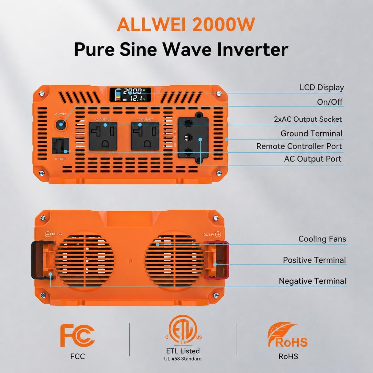 2000W Pure Sine Wave Power Inverter 12V DC to 120V AC, ETL Listed to UL 458 - Image 4