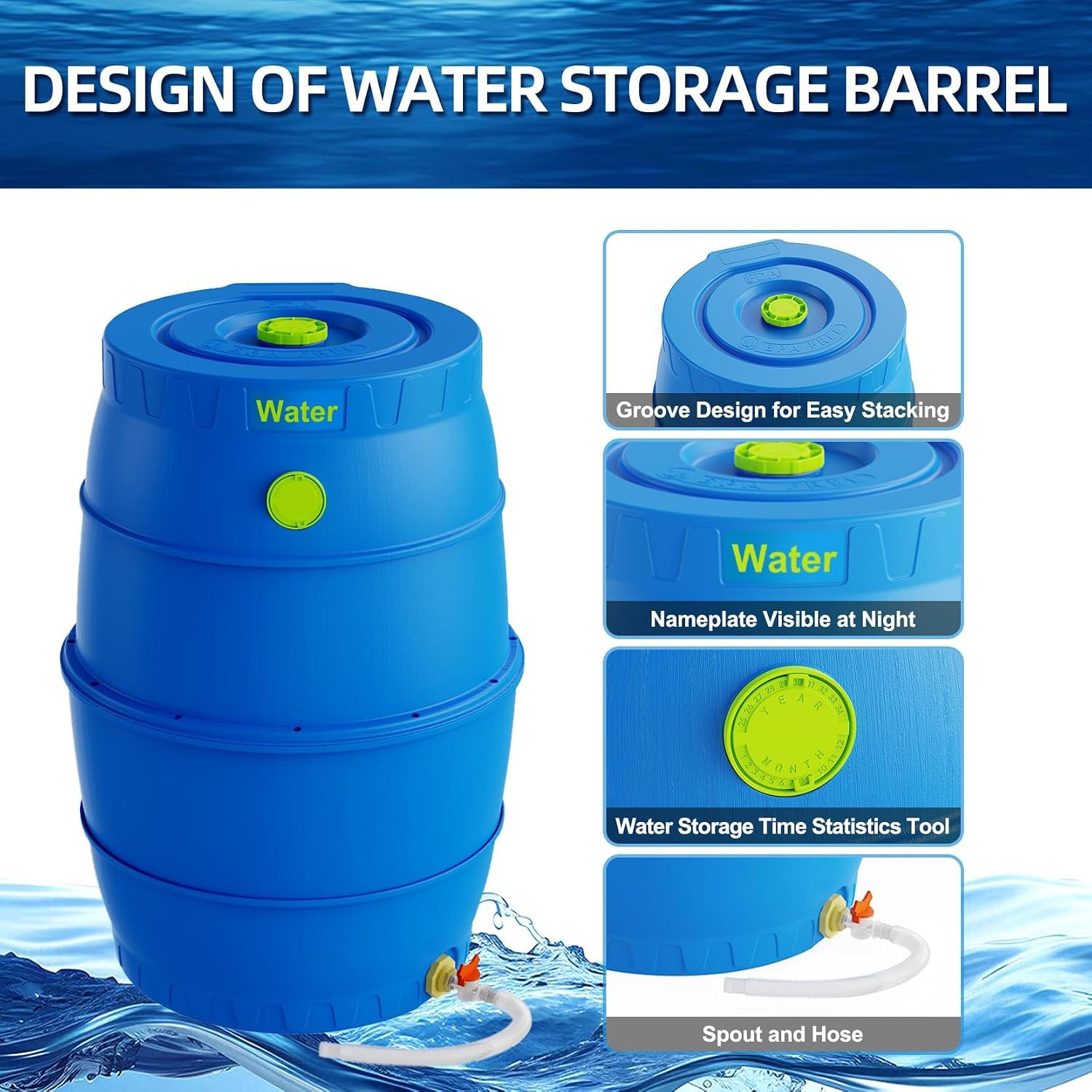 50 Gallon Blue Water Storage Barrel, BPA-Free Rainwater Collection Drum with Spigot, Stackable UV-Resistant Durable PP (Polypropylene) Barrel for Emergency Drinking Water & Gardening - Image 3