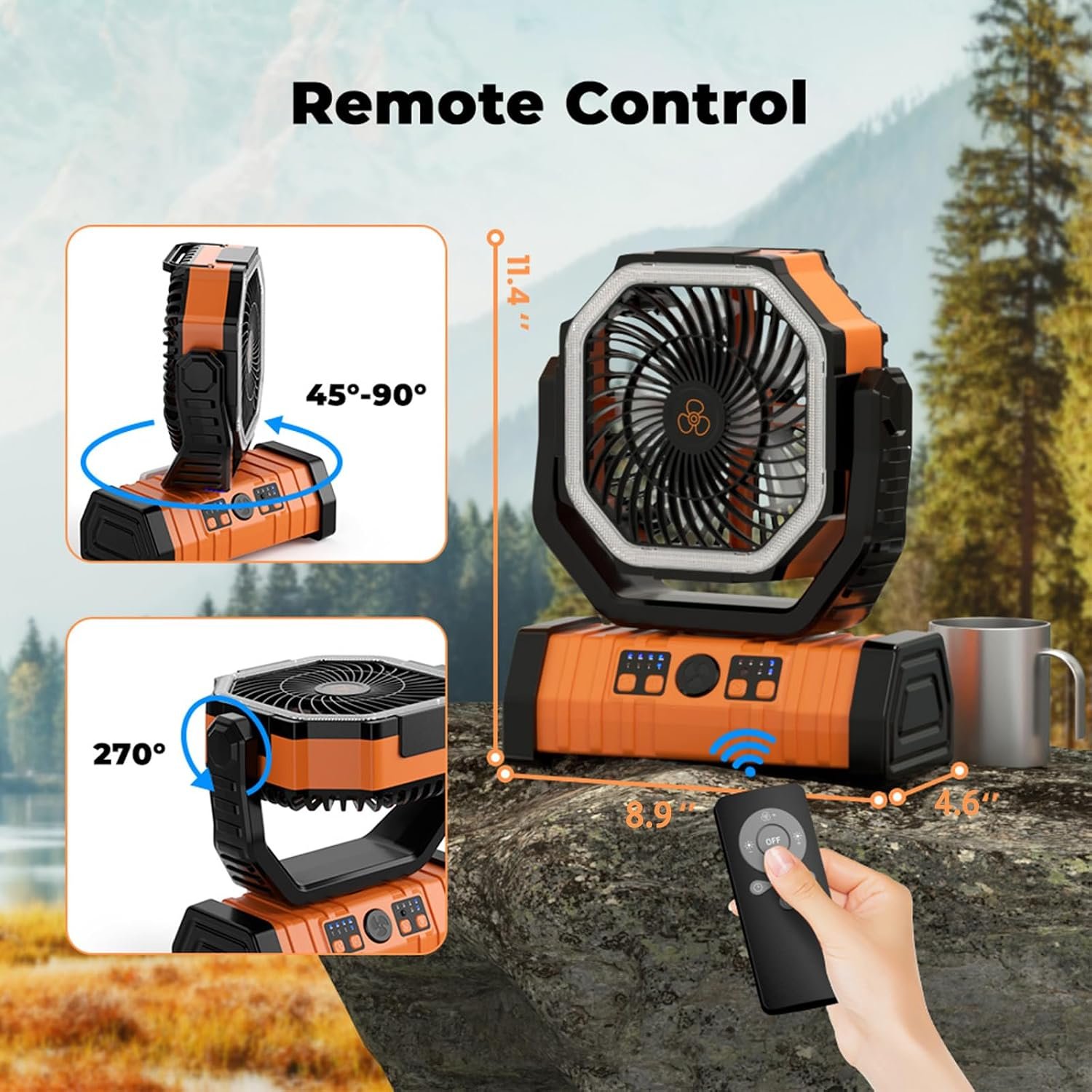 Camping Fan - 20000mAh Battery Powered Fan Rechargeable with LED Lantern - Portable Outdoor Tent Fans with Hanging Hook 4 Speeds Wind Remote Control, Black and Orange - Image 7