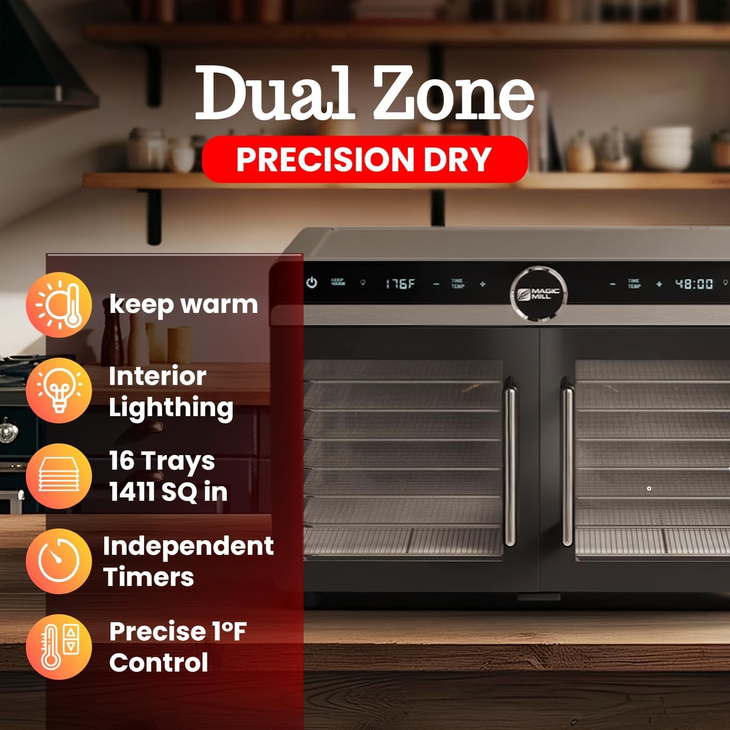 Magic Mill Premium DualZone Food Dehydrator, 16 Stainless Steel Trays with French Doors, Independent Temp Control, Rear Fan, Keep Warm Mode, for Jerky, Fruit, Veggies, Dog Treats, Meal Prep - Image 3