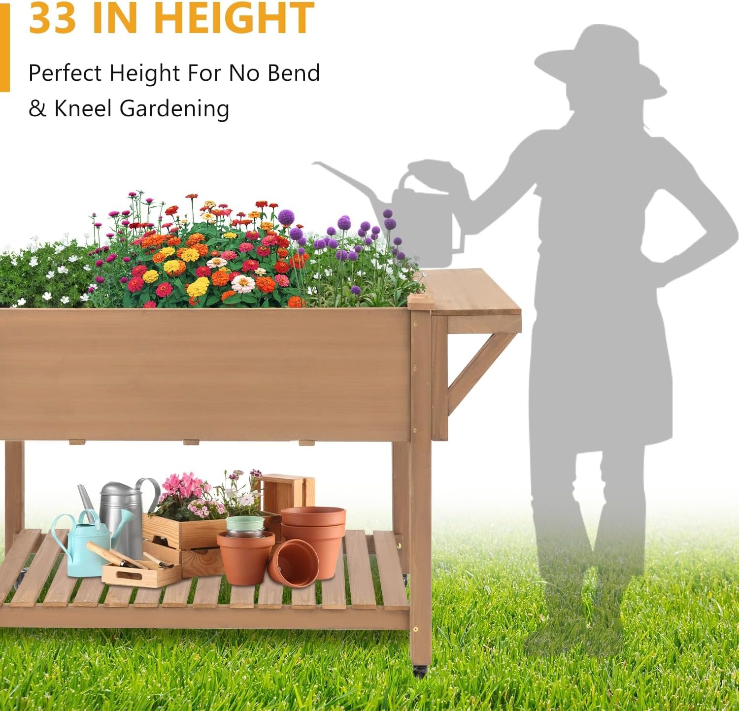 ketive Raised Garden Bed with Lockable Wheels Mobile Elevated Wood Planter,Storage Shelf, Protective Liner,55.5x24x32in (Brown) - Image 6