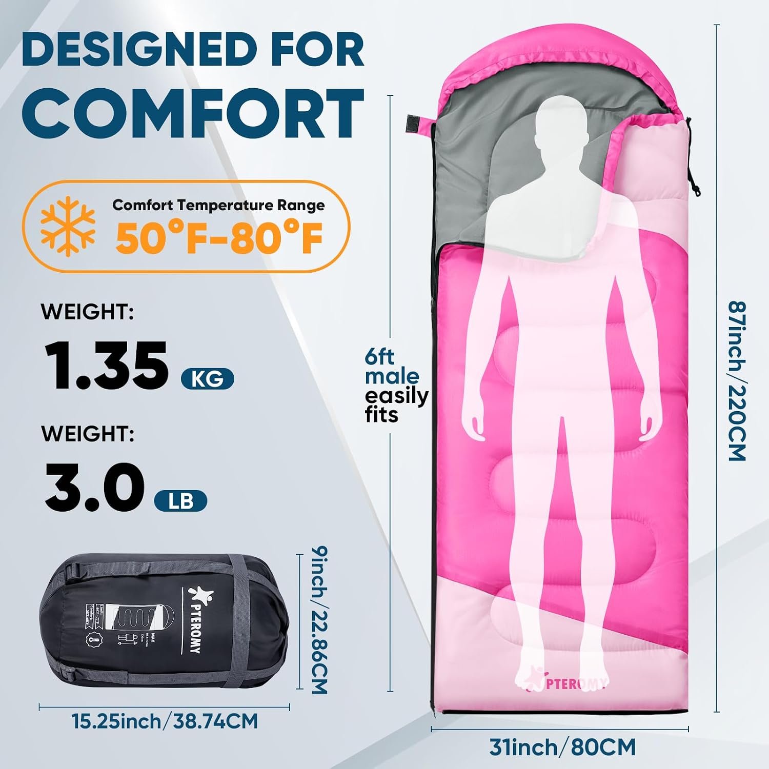 PTEROMY Sleeping Bags for Adults, Lightweight and Machine Washable, Water Resistant Backpacking Camping Sleeping Bag for Warm Cold Weather, Camping Essentials for Hiking Travel - Image 2