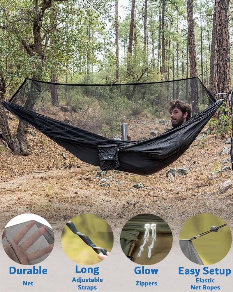 Sunyear Hammock Camping with Rain Fly Tarp and Net, Portable Camping Hammock Double Tree Hammock Outdoor Indoor Backpacking Travel & Survival, 2 Tree Straps,100% Waterproof Black Bundle - Image 4