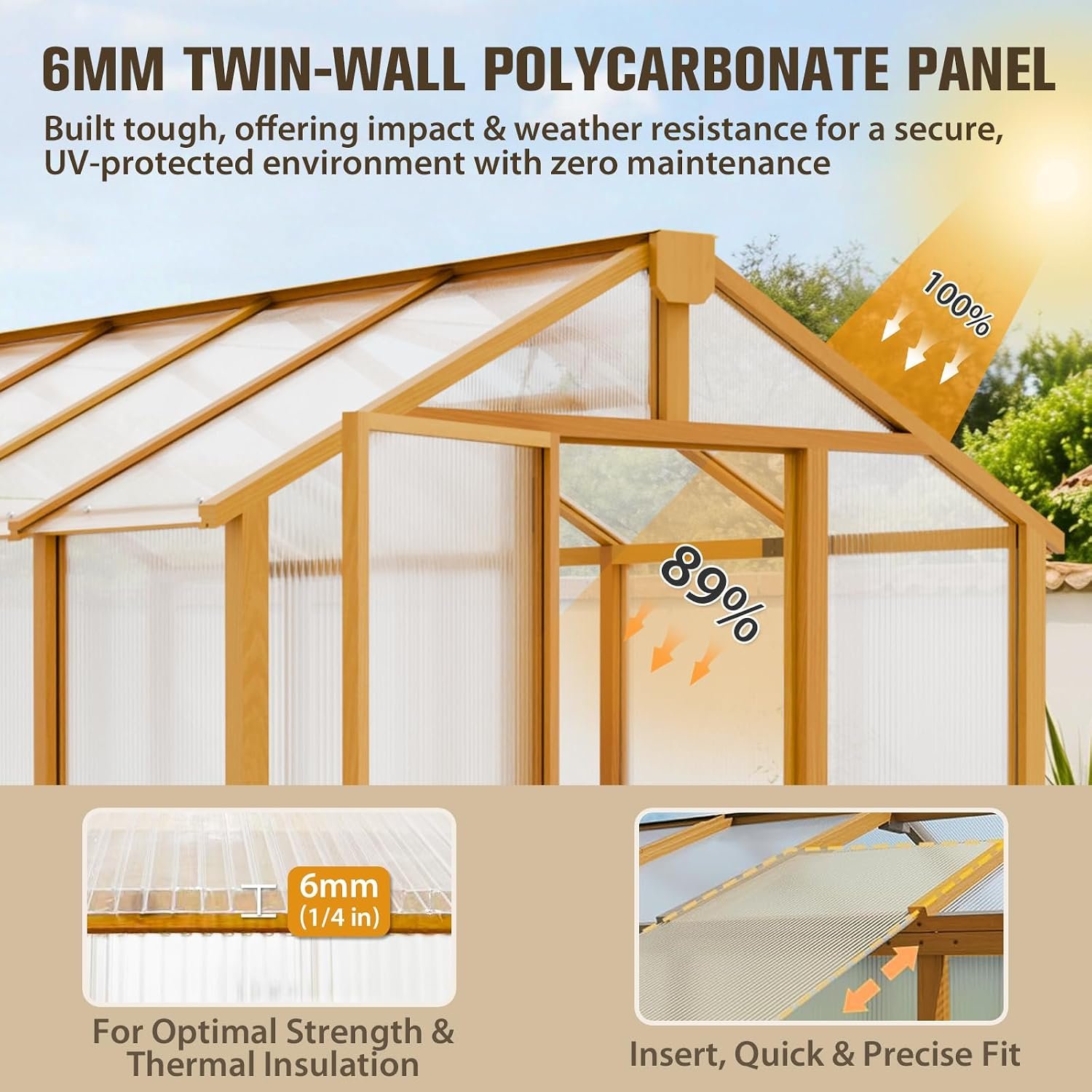 COOS BAY 6x8ft Cedar Wood Greenhouse with Roof Vents, Outdoor Greenhouse Kit, Weather Resistant Plant Garden House, Natural Cedar - Image 4