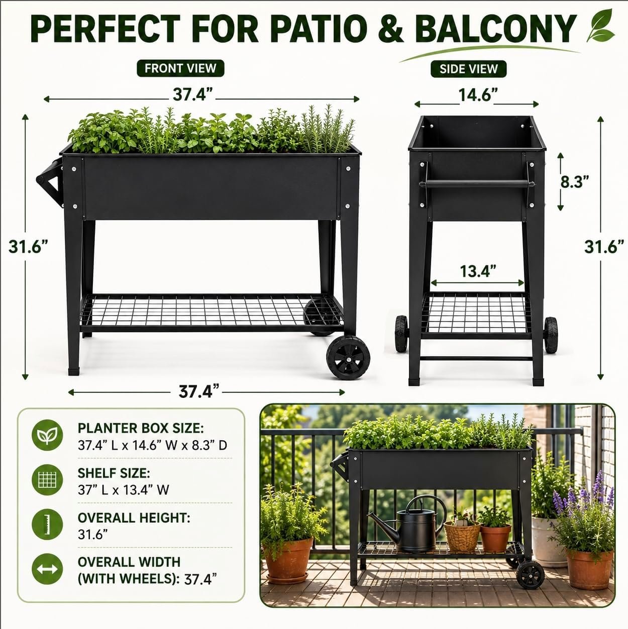 LEETOLLA 32-Inch Elevated Raised Garden Bed with Wheels and Storage Shelf - Image 6