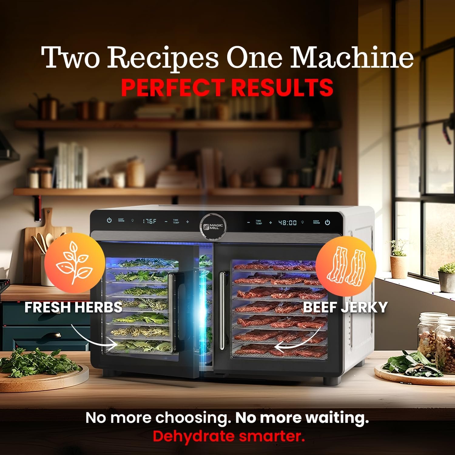 Magic Mill Premium DualZone Food Dehydrator, 16 Stainless Steel Trays with French Doors, Independent Temp Control, Rear Fan, Keep Warm Mode, for Jerky, Fruit, Veggies, Dog Treats, Meal Prep - Image 2