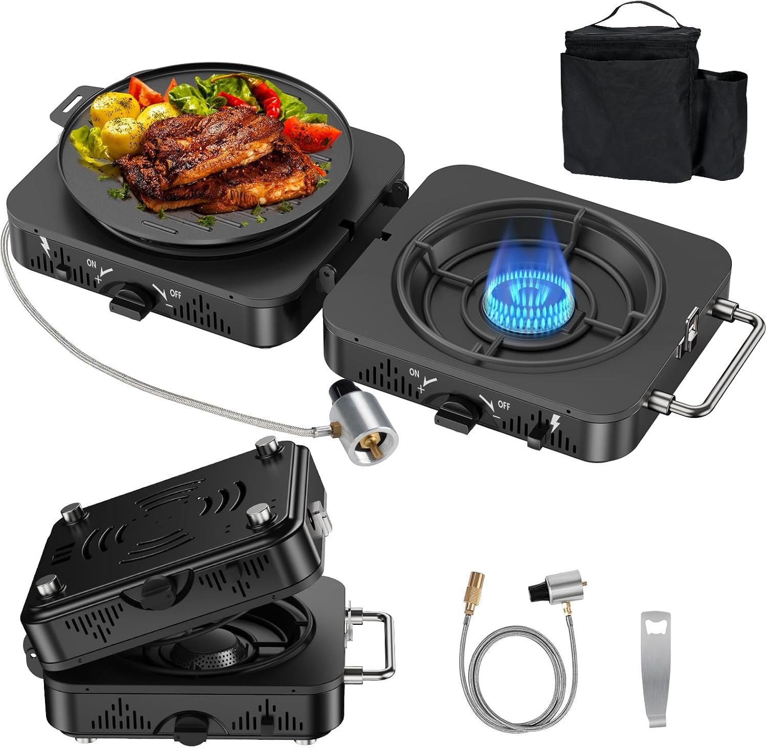 2 Burner Propane Camping Stove, 20000 BTU Foldable Portable Camp Stove with Piezo Ignition & Adjustable Burners, Outdoor Gas Cooker with Carry Bag for Camping, RV, Tailgating & Emergency Use
