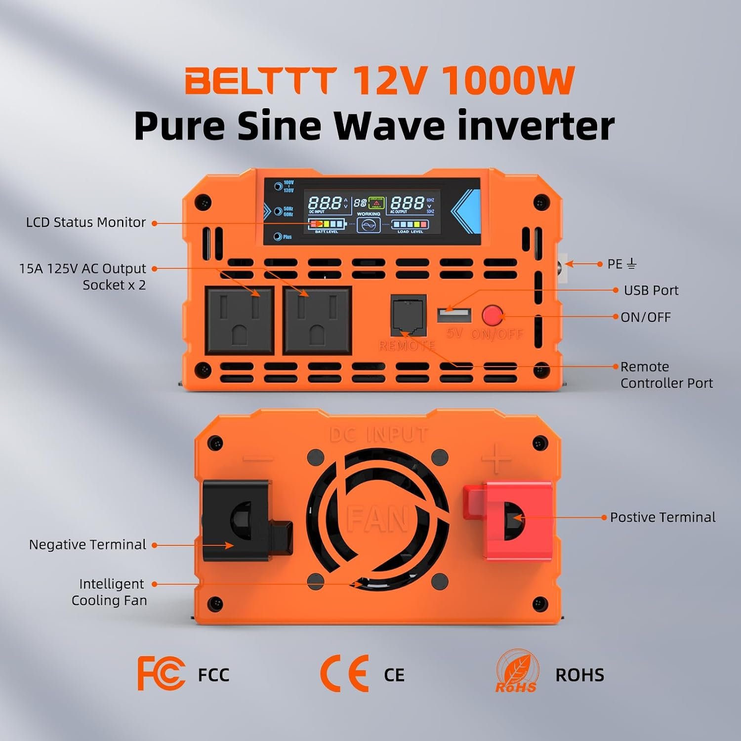 BELTTT 1000Watt Pure Sine Wave Inverter 12V DC to 120V AC, 2000W Peak - Image 8