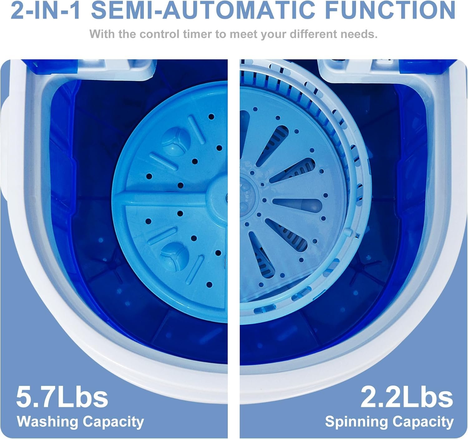 SUPER DEAL Portable Washing Machine, Single Tub Small Laundry Washer 5.7 lbs Washing Capacity for Apartments, Dorms,Traveling, RV, Semi-automatic Laundry 110V, Blue - Image 4