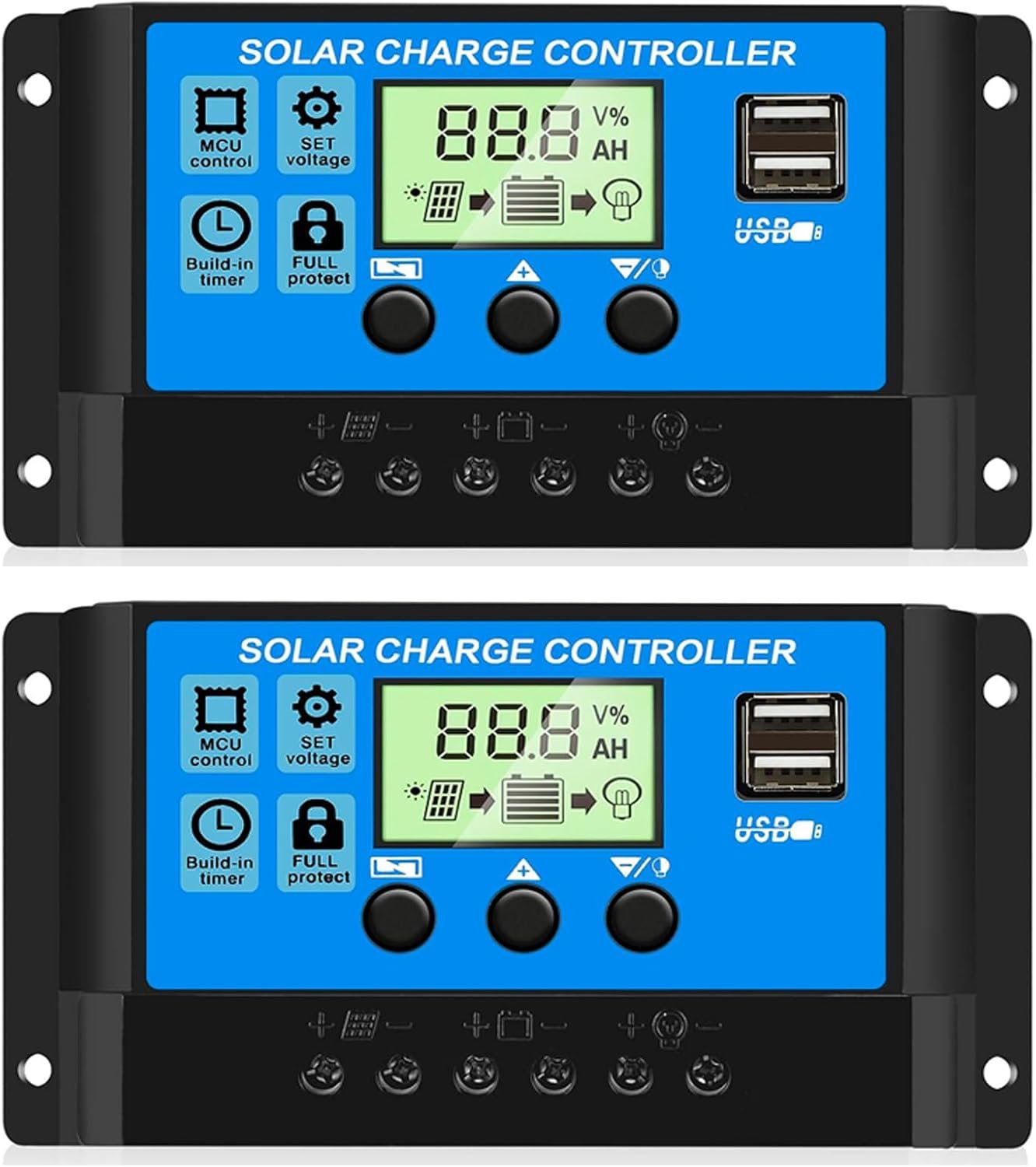 2PCS 30A PWM Solar Charge Controller, 12V 24V Dual USB Solar Panel Battery Intelligent Regulator with LCD Display, Auto Parameter Adjustable, Timer Setting, Multiple Load Control Modes