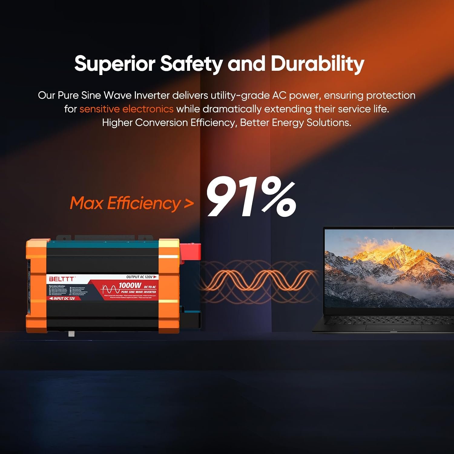 BELTTT 1000Watt Pure Sine Wave Inverter 12V DC to 120V AC, 2000W Peak - Image 3