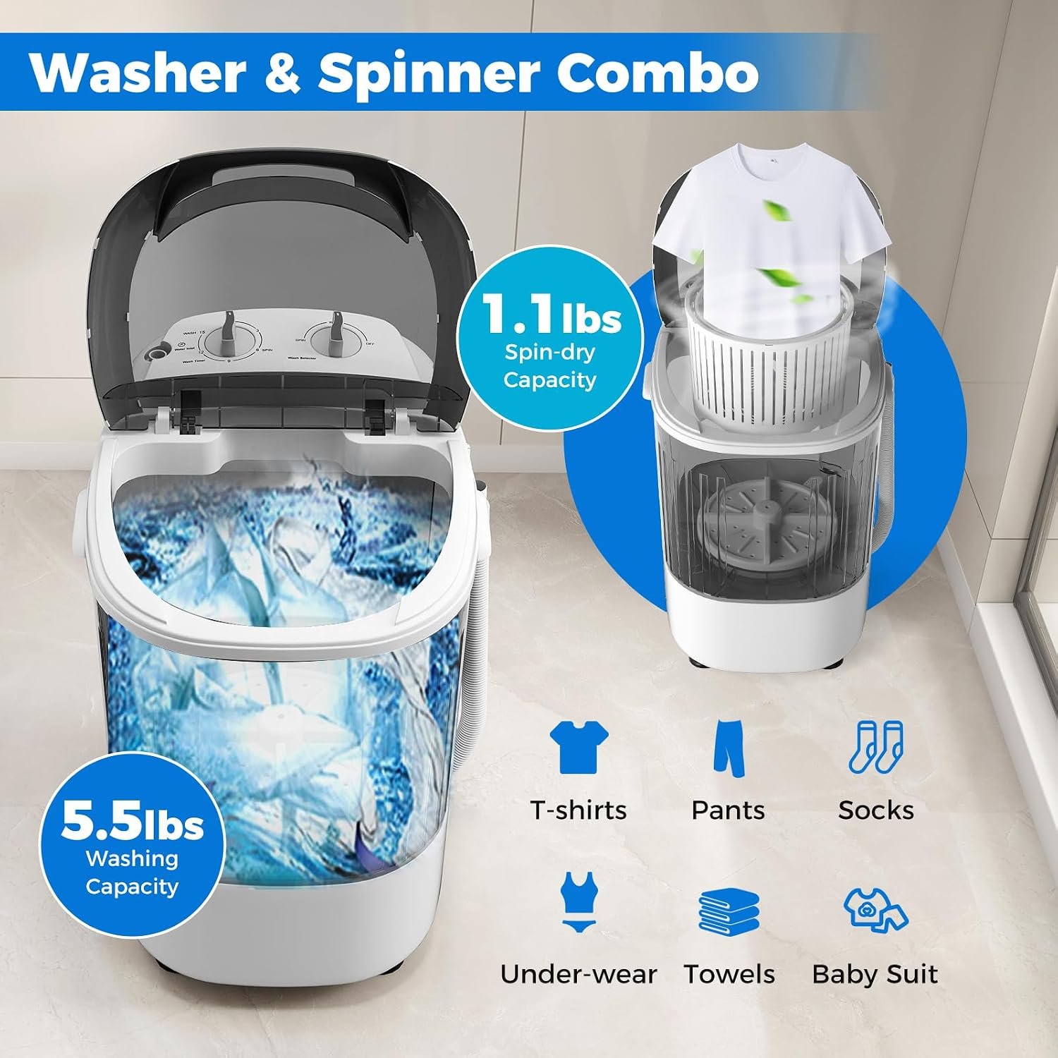 COSTWAY Mini Portable Washing Machine, 5.5 lbs Capacity, Compact Laundry Washer with Spin Tub & Drain Hose, Perfect for Apartment Dorms RV Home (Grey) - Image 4